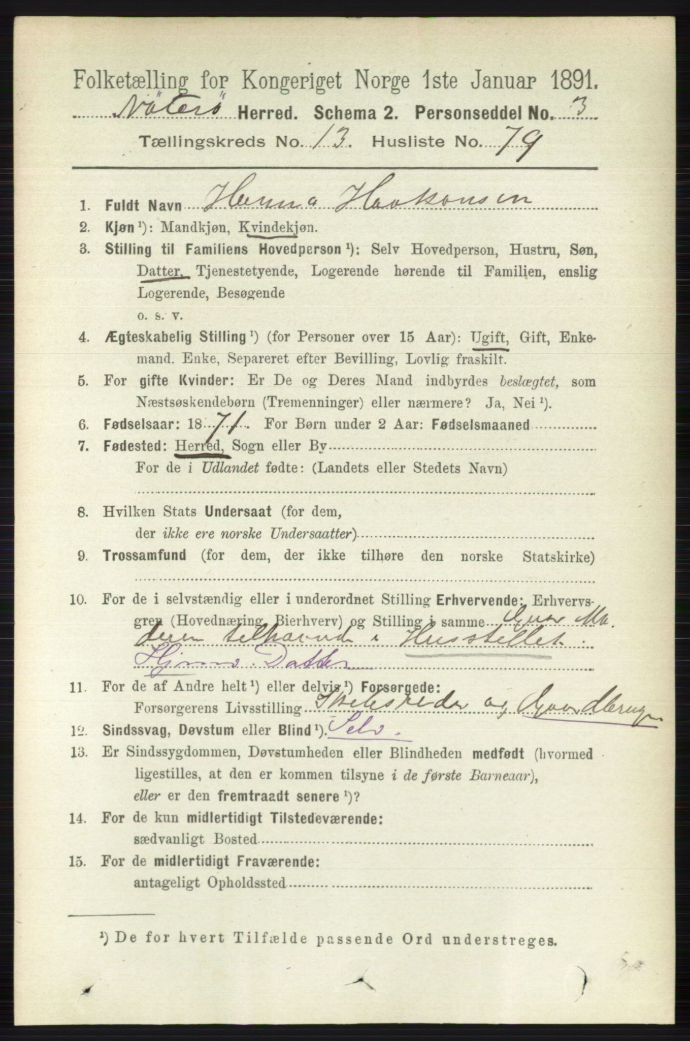 RA, 1891 census for 0722 Nøtterøy, 1891, p. 7504