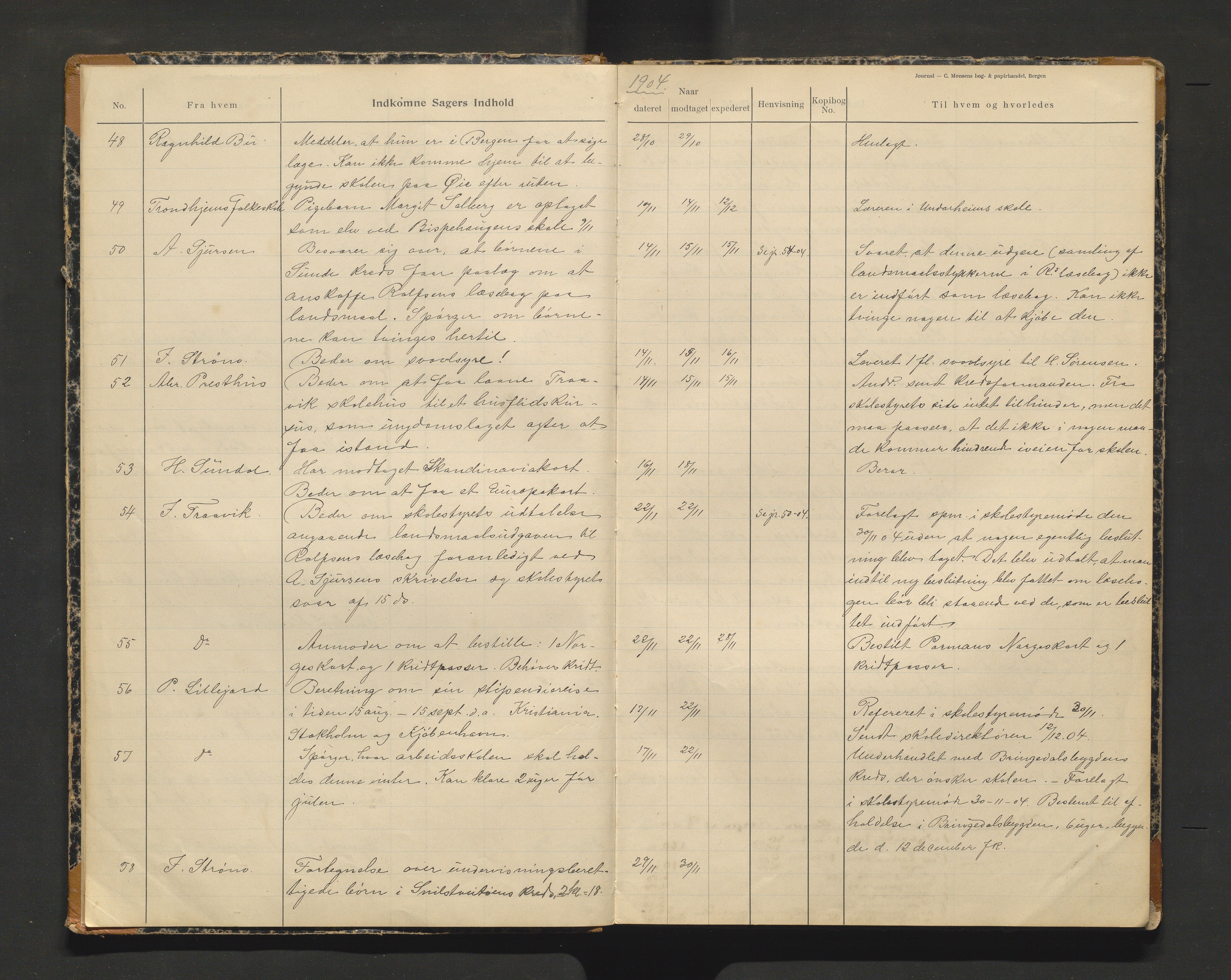 Kvinnherad kommune. Skulestyret , IKAH/1224-211/C/Ca/L0002/0001: Postjounral for Kvinnherad skulestyre  / Postjounral for Kvinnherad skulestyre 1904-1919, 1904-1919