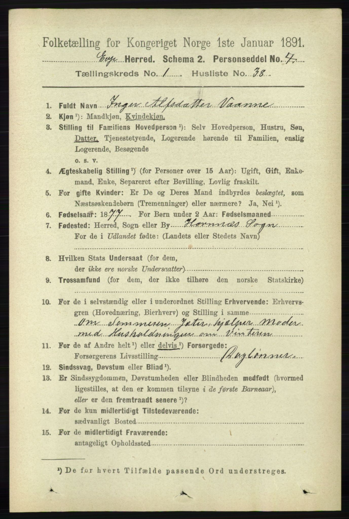 RA, 1891 census for 0937 Evje, 1891, p. 327