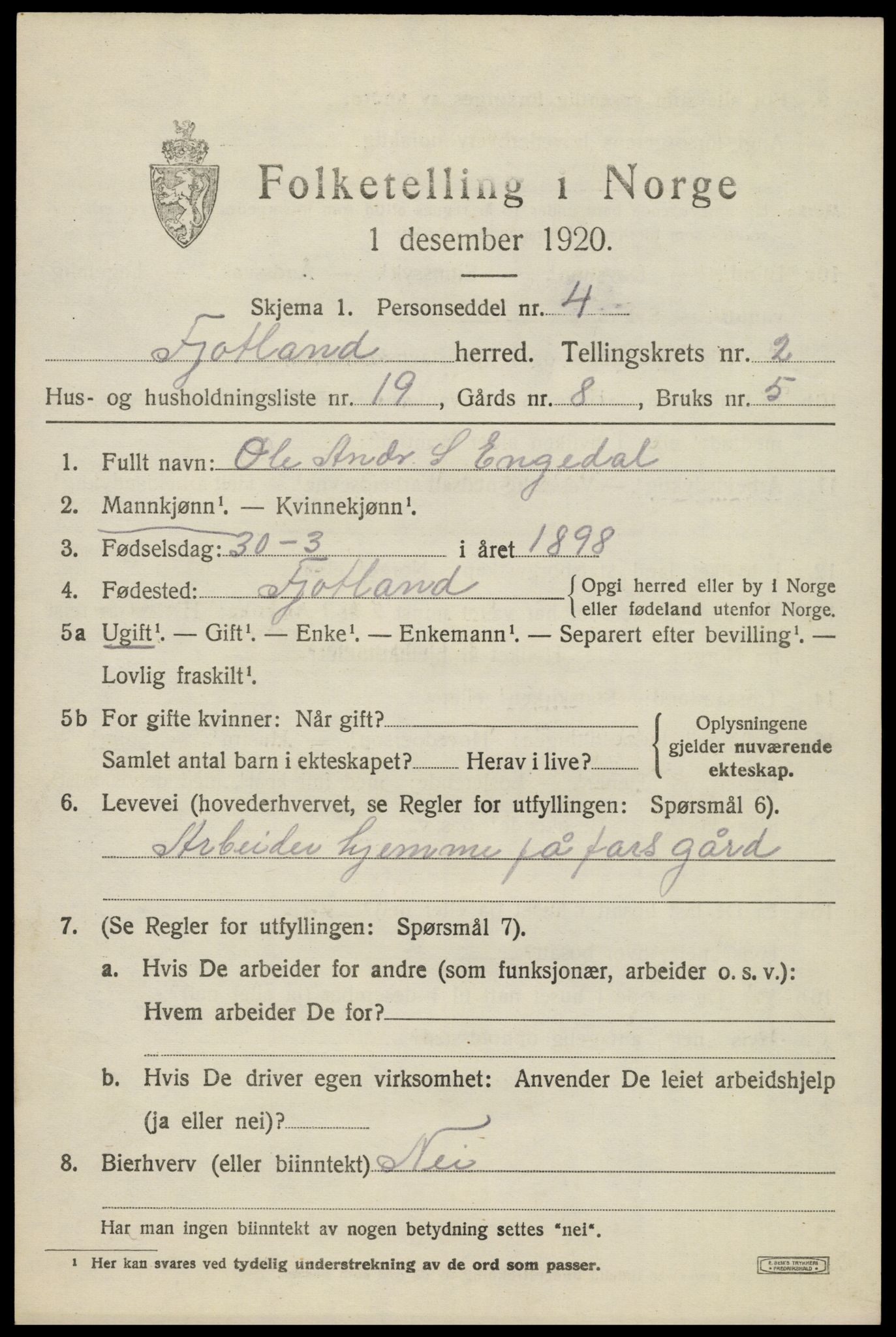 SAK, 1920 census for Fjotland, 1920, p. 882