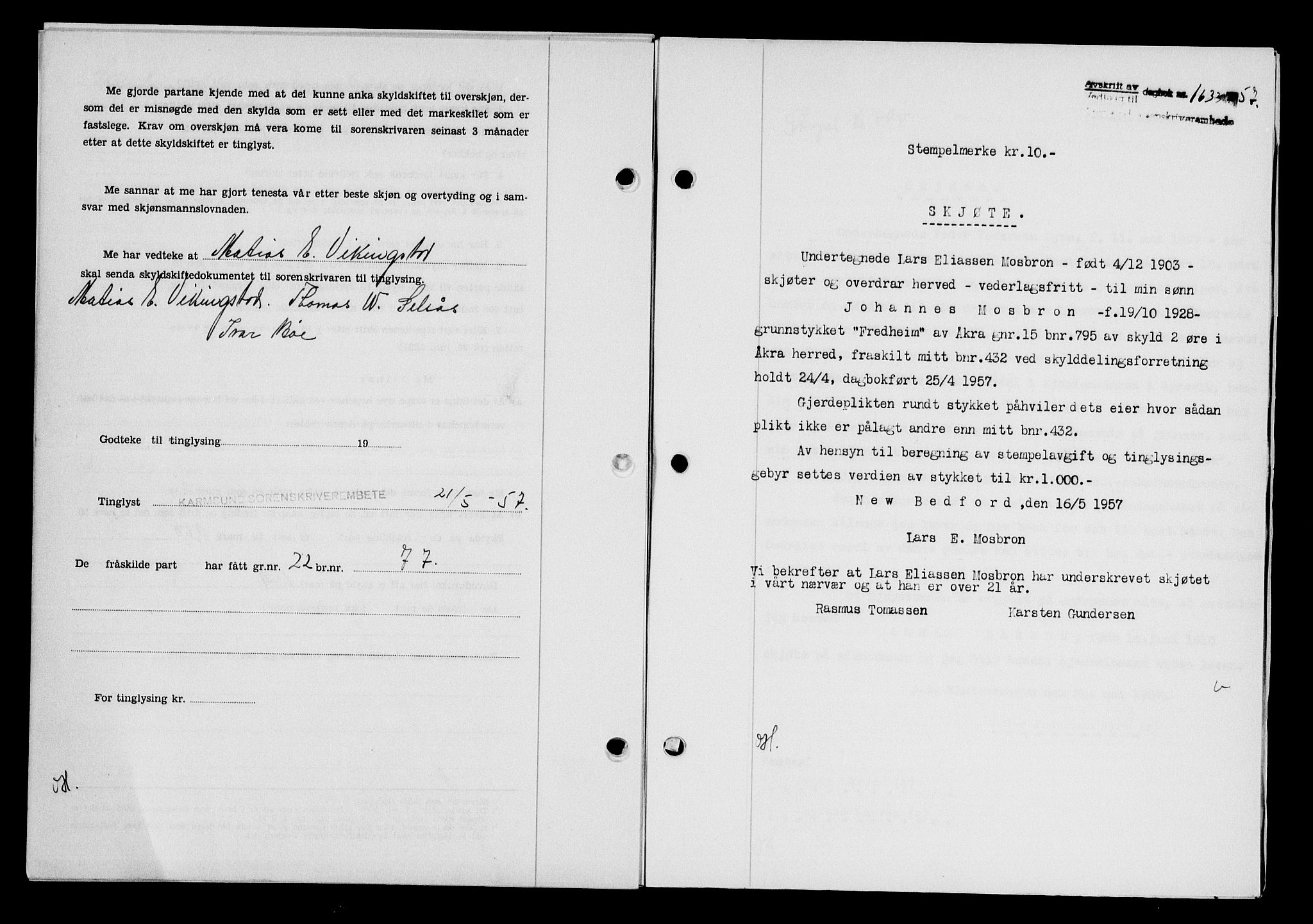 Karmsund sorenskriveri, AV/SAST-A-100311/01/II/IIB/L0125: Mortgage book no. 105A, 1957-1957, Diary no: : 1633/1957