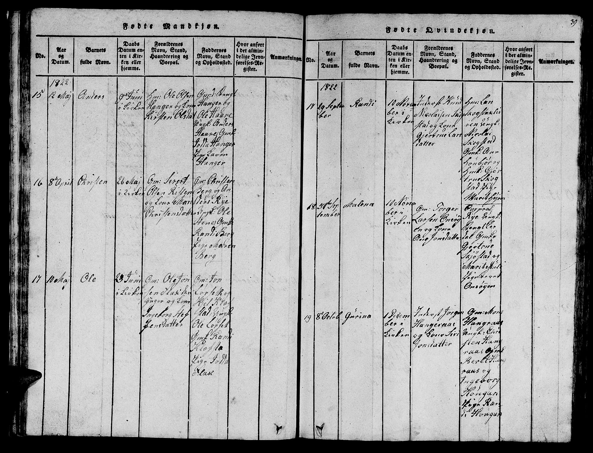 Ministerialprotokoller, klokkerbøker og fødselsregistre - Sør-Trøndelag, SAT/A-1456/612/L0385: Parish register (copy) no. 612C01, 1816-1845, p. 39
