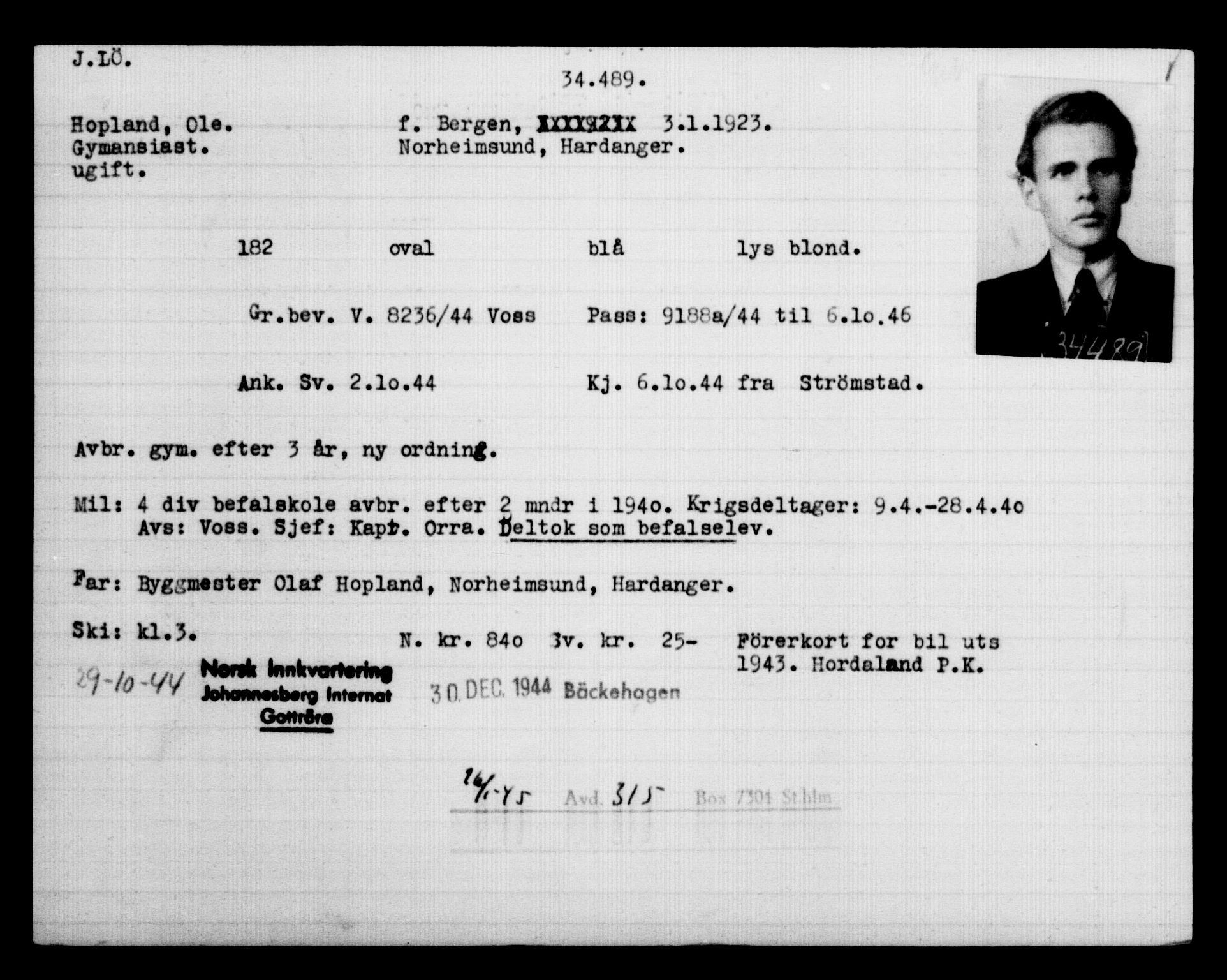 Utenriksstasjonene, Legasjonen i Stockholm, Flyktningkontoret, AV/RA-S-6753/V/Va/L0013: Kjesäterkartoteket, flyktninger med registreringsnr. 31500-34731, 1940-1945, p. 3149