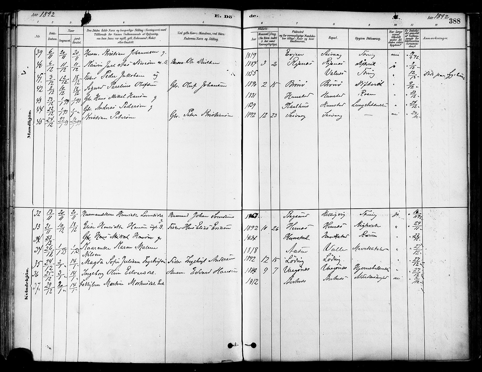Ministerialprotokoller, klokkerbøker og fødselsregistre - Nordland, SAT/A-1459/802/L0054: Parish register (official) no. 802A01, 1879-1893, p. 388