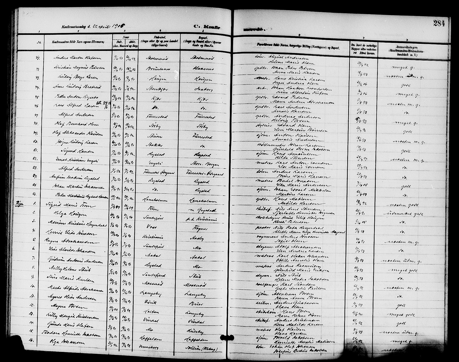 Sandar kirkebøker, SAKO/A-243/G/Ga/L0002: Parish register (copy) no. 2, 1900-1915, p. 284