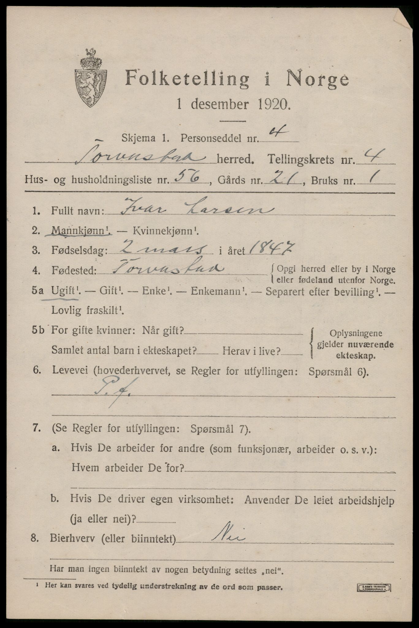 SAST, 1920 census for Torvastad, 1920, p. 4274