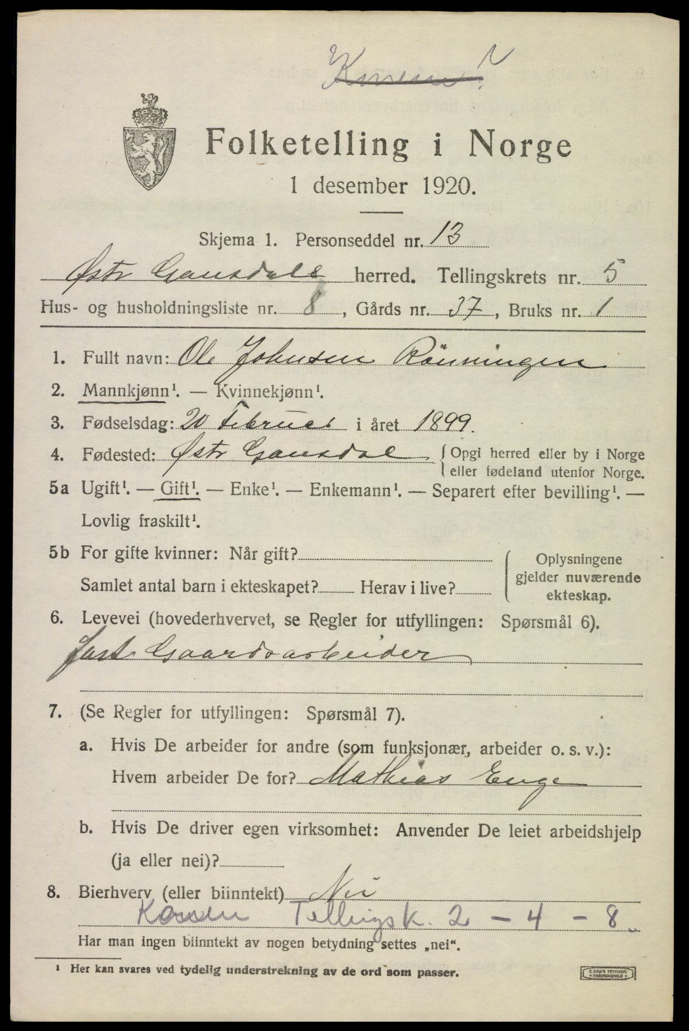 SAH, 1920 census for Østre Gausdal, 1920, p. 2810