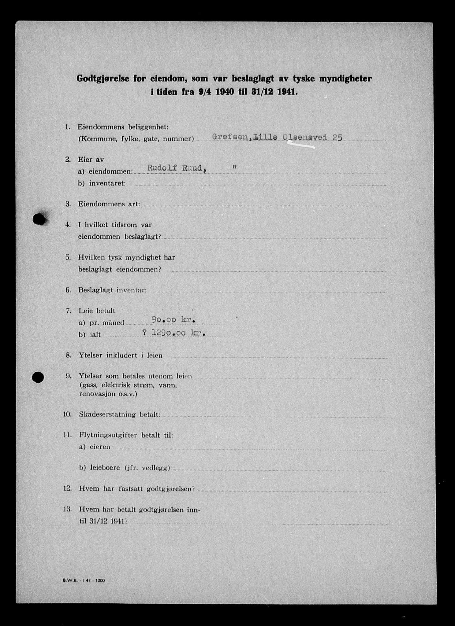 Justisdepartementet, Tilbakeføringskontoret for inndratte formuer, RA/S-1564/I/L1011: Godtgjørelse for beslaglagt eiendom, 1940-1941, p. 516