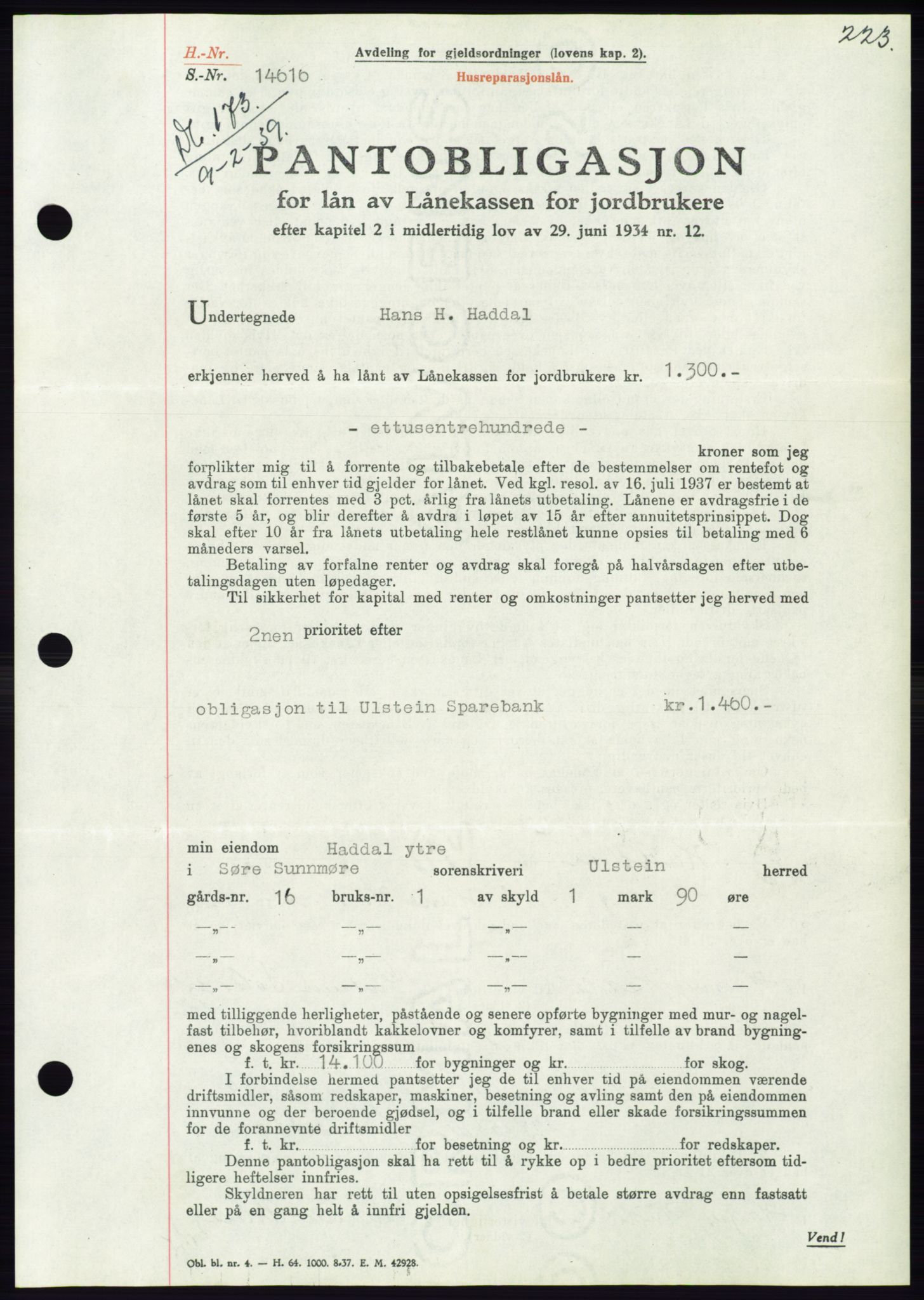 Søre Sunnmøre sorenskriveri, AV/SAT-A-4122/1/2/2C/L0067: Mortgage book no. 61, 1938-1939, Diary no: : 173/1939