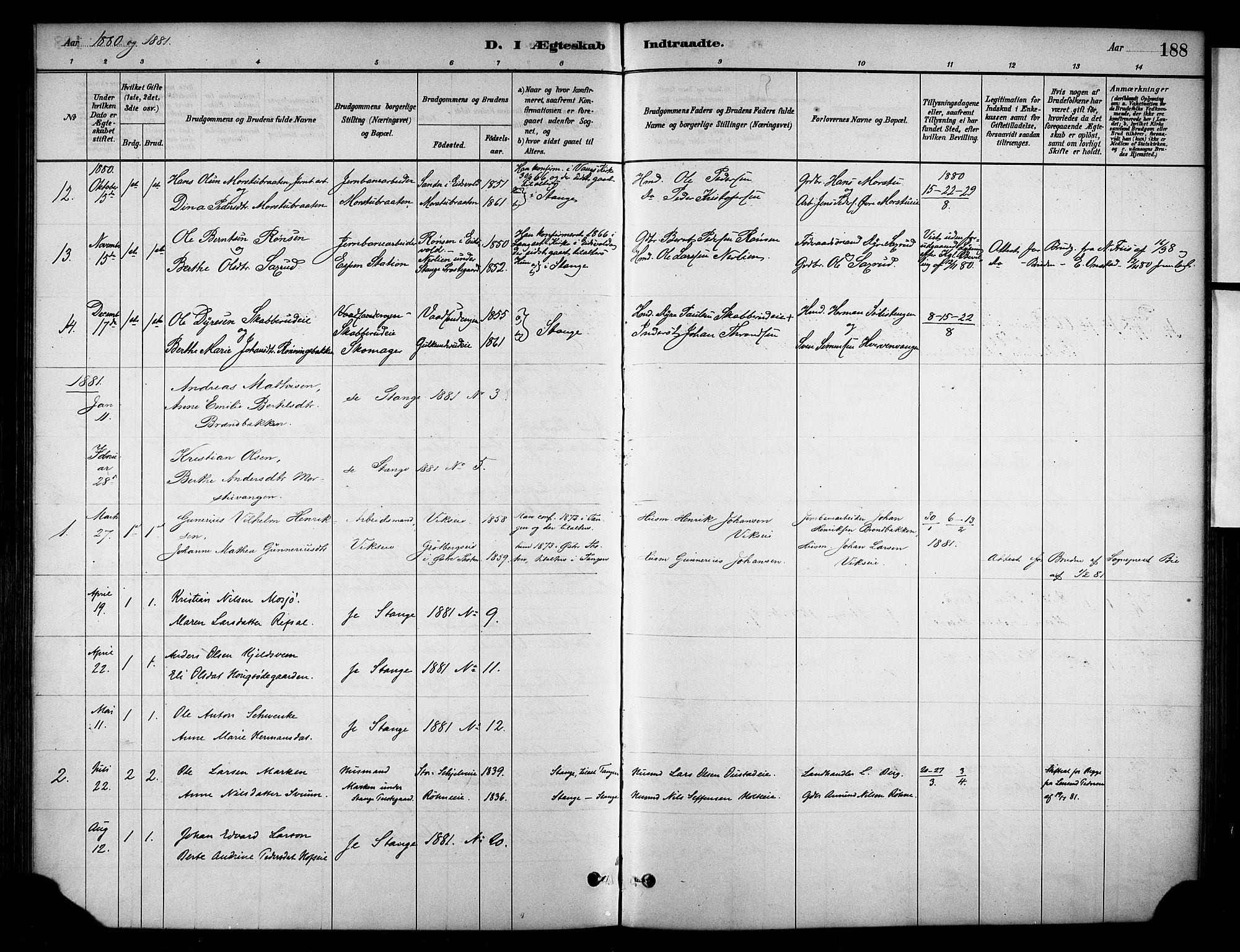 Stange prestekontor, SAH/PREST-002/K/L0018: Parish register (official) no. 18, 1880-1896, p. 188