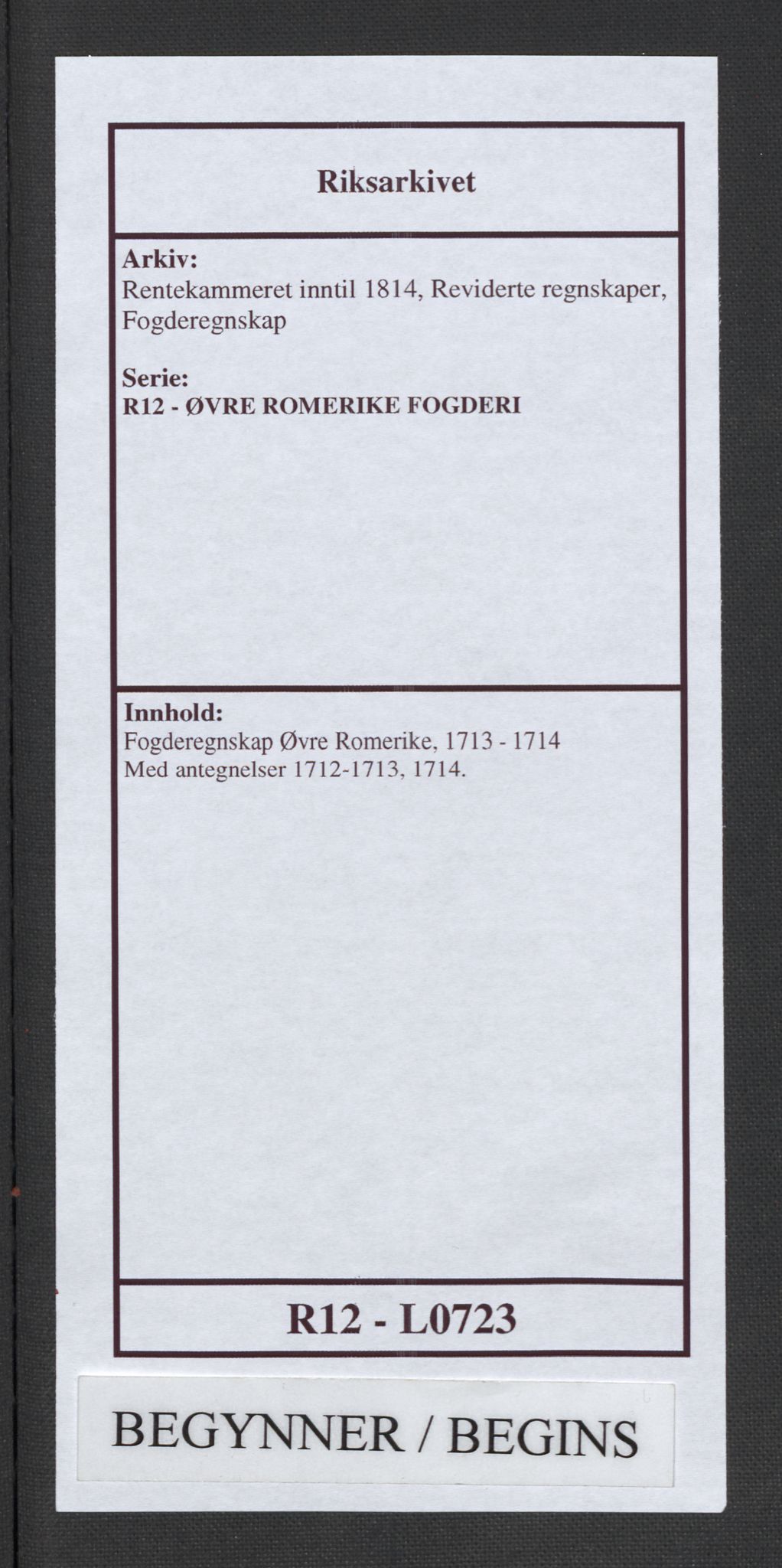 Rentekammeret inntil 1814, Reviderte regnskaper, Fogderegnskap, AV/RA-EA-4092/R12/L0723: Fogderegnskap Øvre Romerike, 1713-1714, p. 1