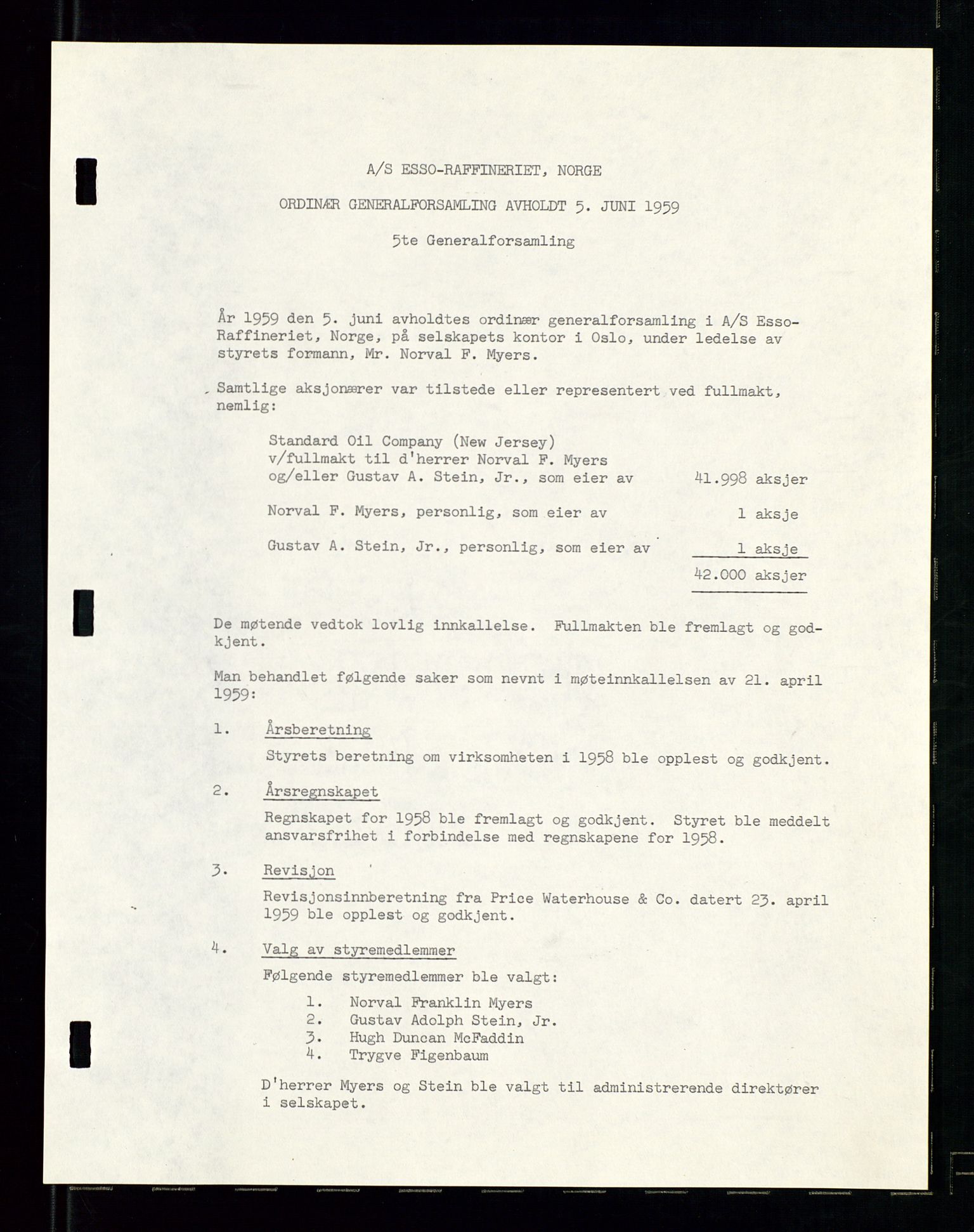 PA 1537 - A/S Essoraffineriet Norge, AV/SAST-A-101957/A/Aa/L0001/0002: Styremøter / Shareholder meetings, board meetings, by laws (vedtekter), 1957-1960, p. 50