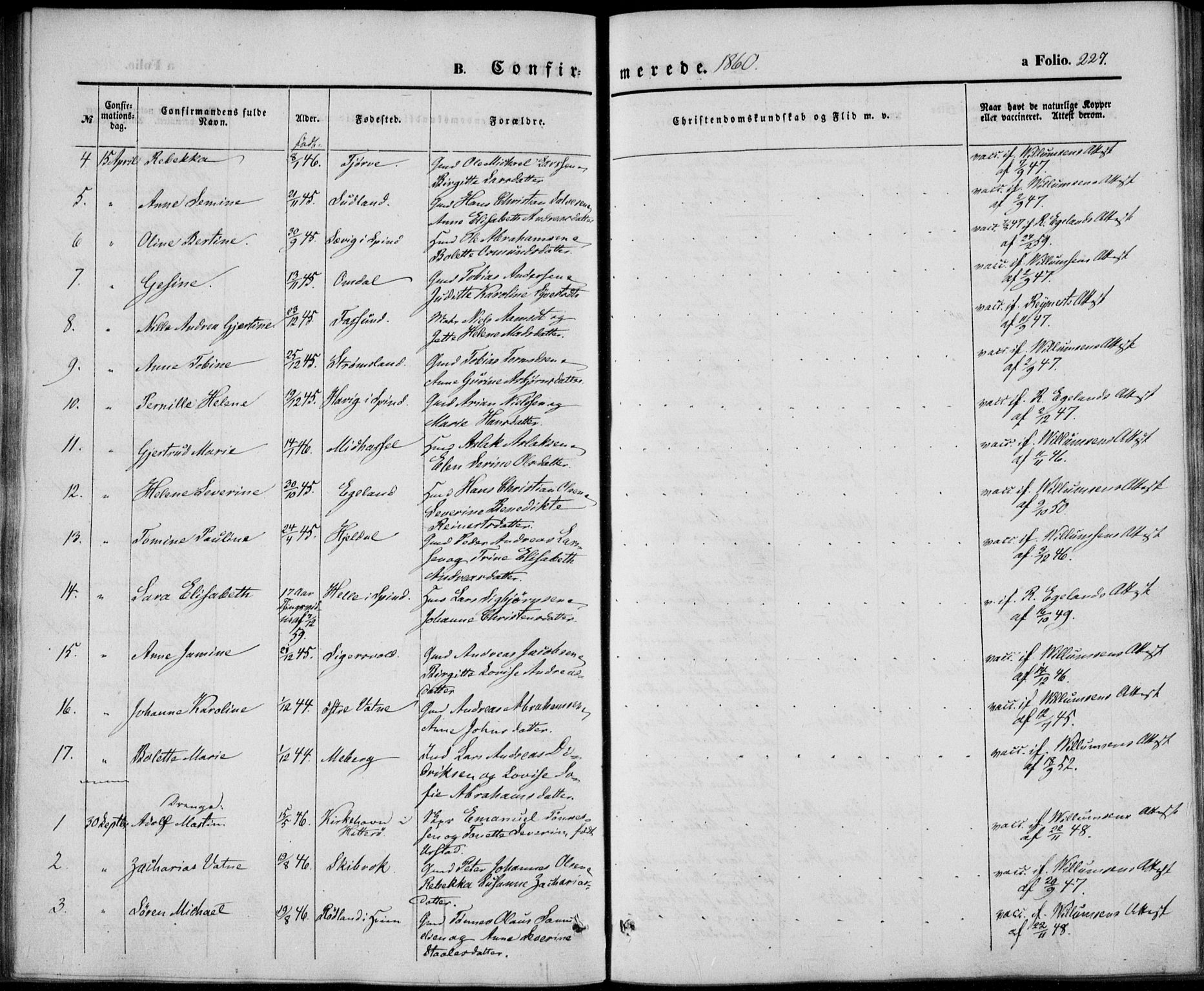 Lista sokneprestkontor, AV/SAK-1111-0027/F/Fb/L0002: Parish register (copy) no. B 2, 1847-1862, p. 227