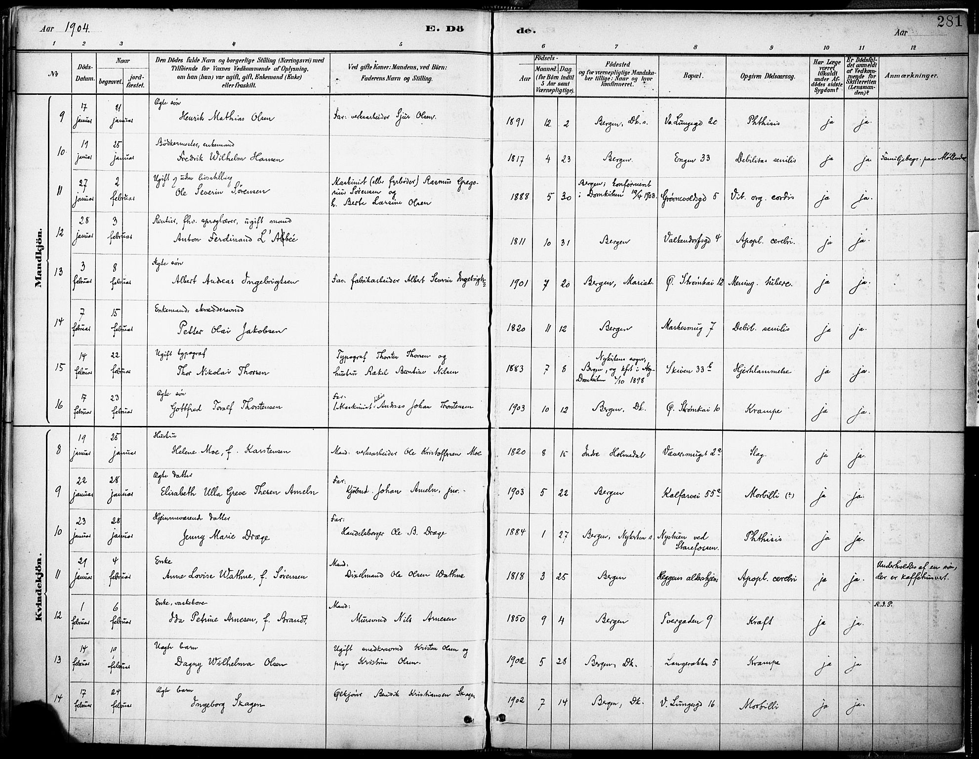 Domkirken sokneprestembete, AV/SAB-A-74801/H/Haa/L0043: Parish register (official) no. E 5, 1882-1904, p. 281