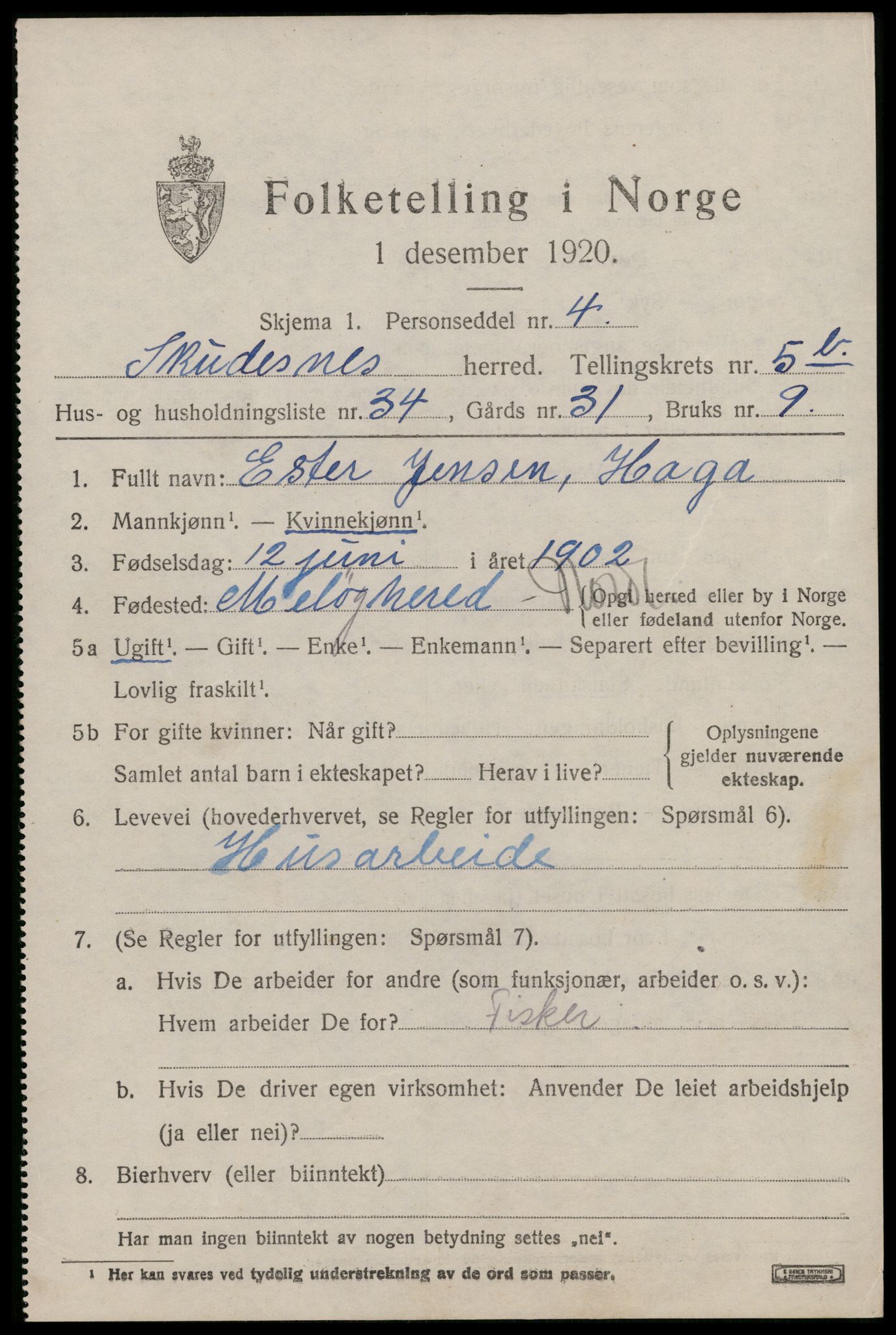 SAST, 1920 census for Skudenes, 1920, p. 4878