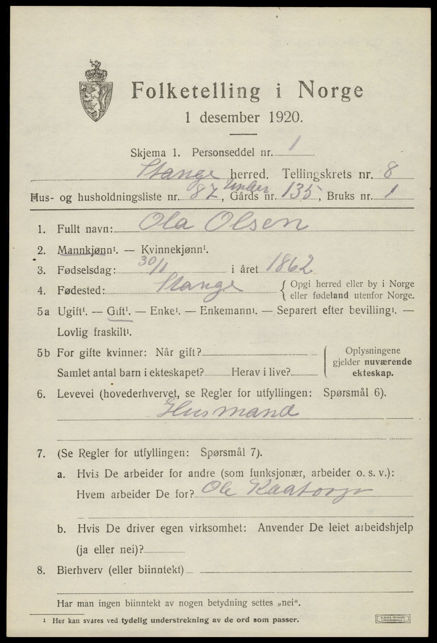 SAH, 1920 census for Stange, 1920, p. 14571