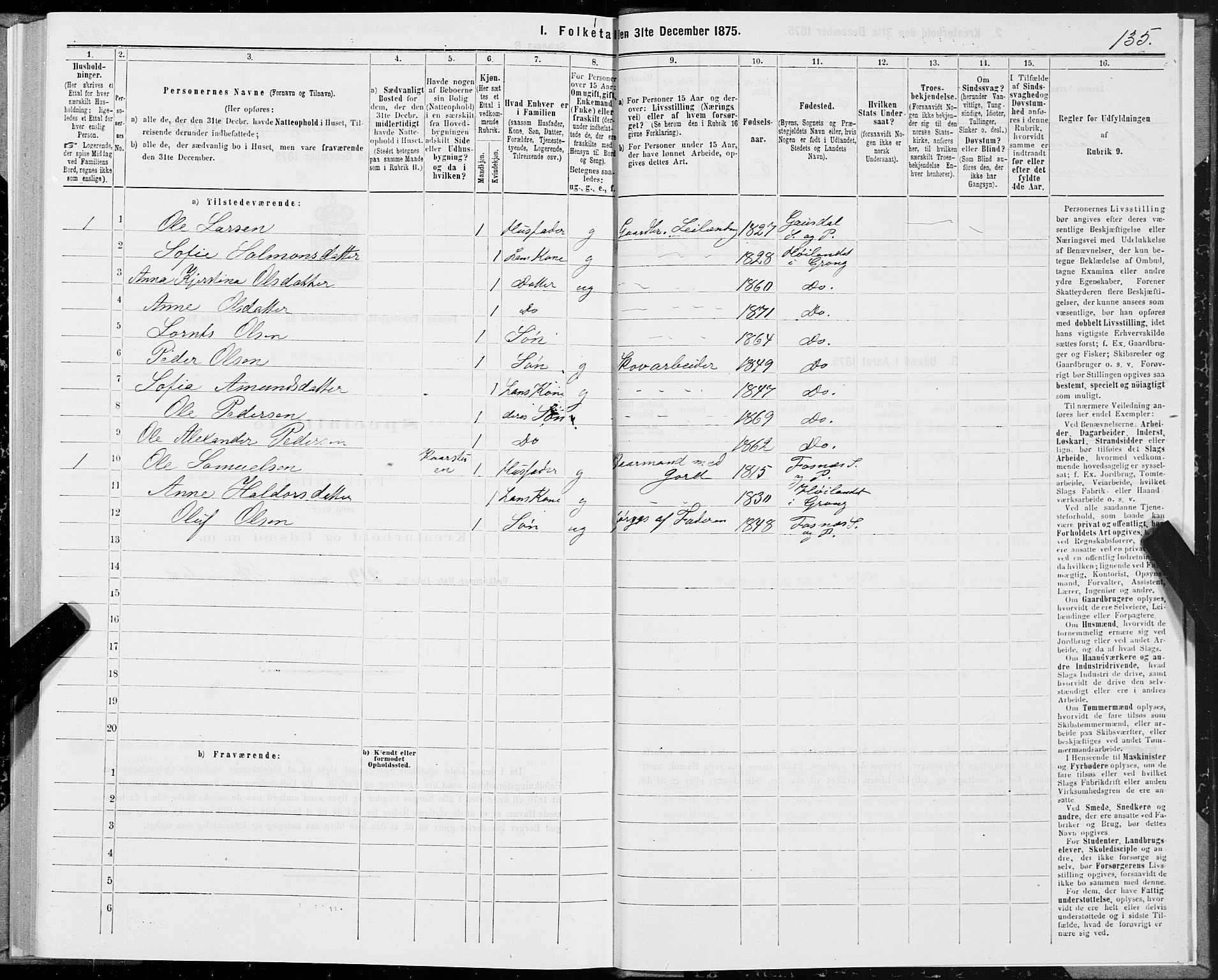 SAT, 1875 census for 1748P Fosnes, 1875, p. 2135