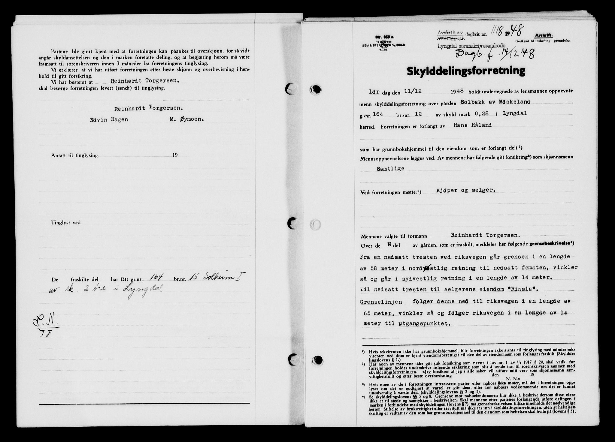 Lyngdal sorenskriveri, AV/SAK-1221-0004/G/Gb/L0663: Mortgage book no. A IX, 1948-1949, Diary no: : 1118/1948