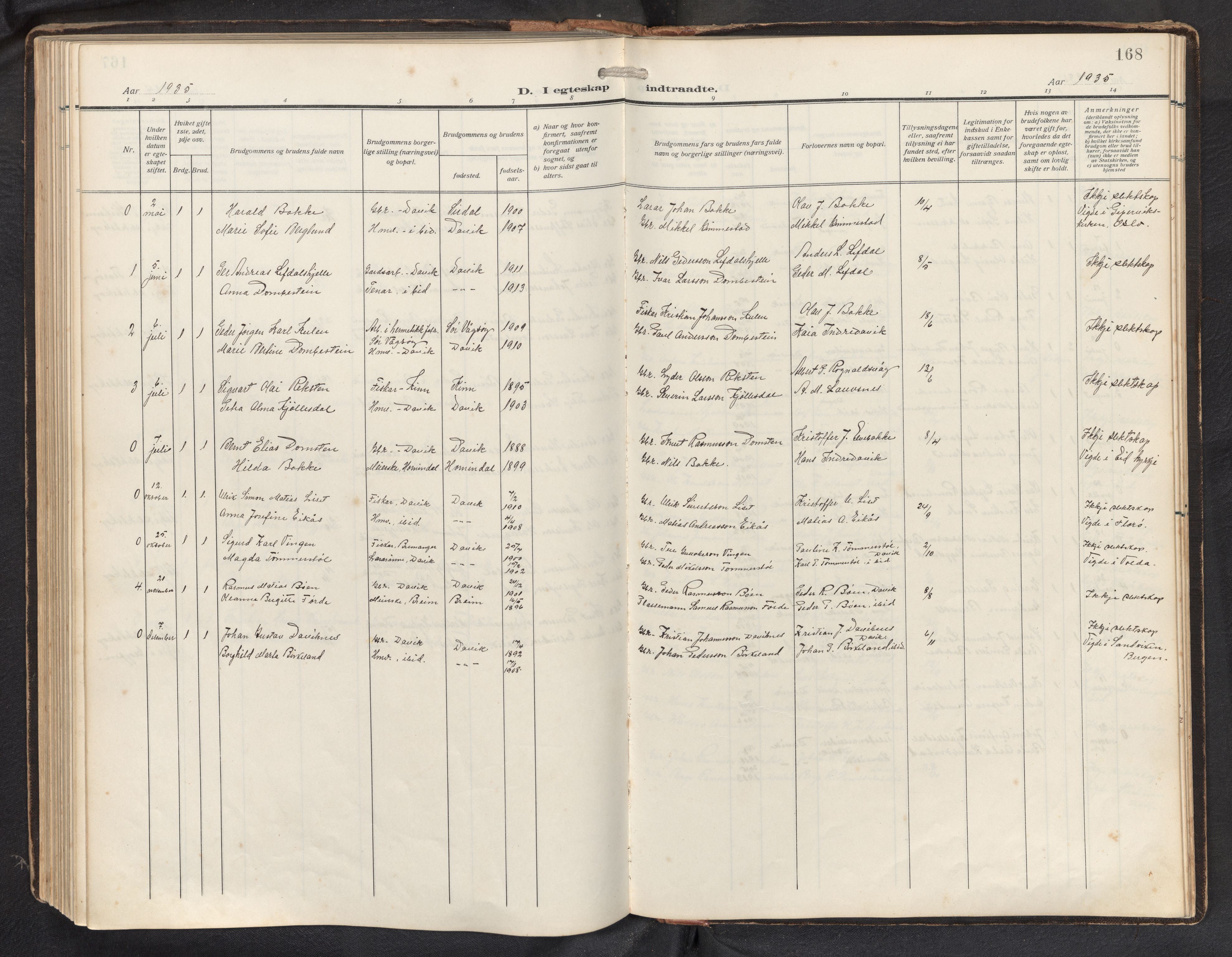 Davik sokneprestembete, AV/SAB-A-79701/H/Hab/Haba/L0003: Parish register (copy) no. A 3, 1912-1947, p. 167b-168a