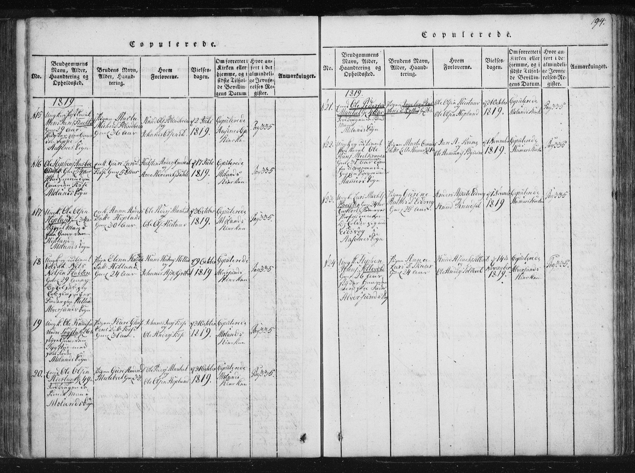 Hamre sokneprestembete, AV/SAB-A-75501/H/Ha/Haa/Haaa/L0010: Parish register (official) no. A 10, 1816-1826, p. 194