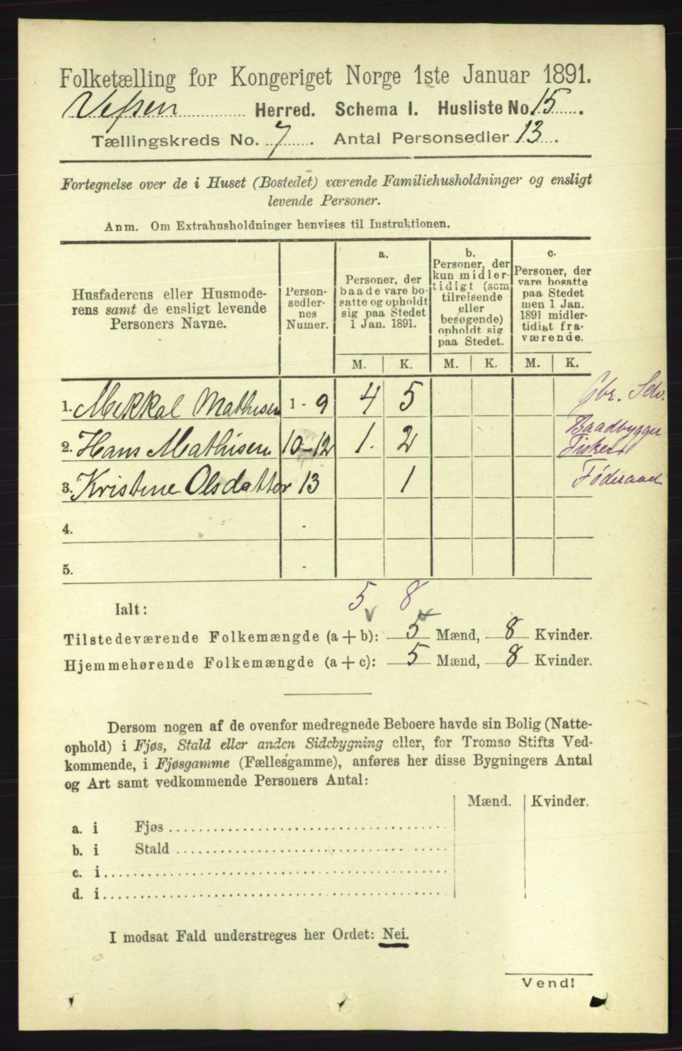 RA, 1891 census for 1824 Vefsn, 1891, p. 3587