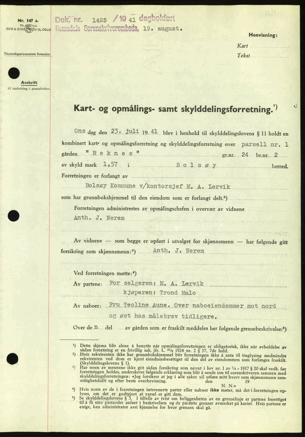 Romsdal sorenskriveri, AV/SAT-A-4149/1/2/2C: Mortgage book no. A10, 1941-1941, Diary no: : 1425/1941