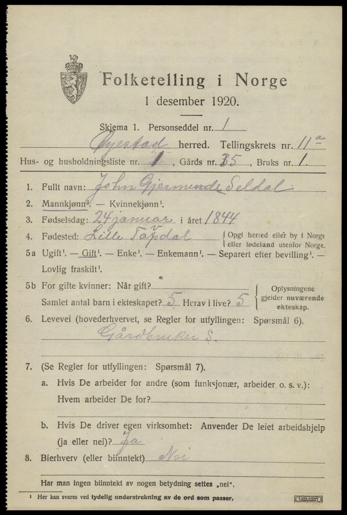 SAK, 1920 census for Øyestad, 1920, p. 6946