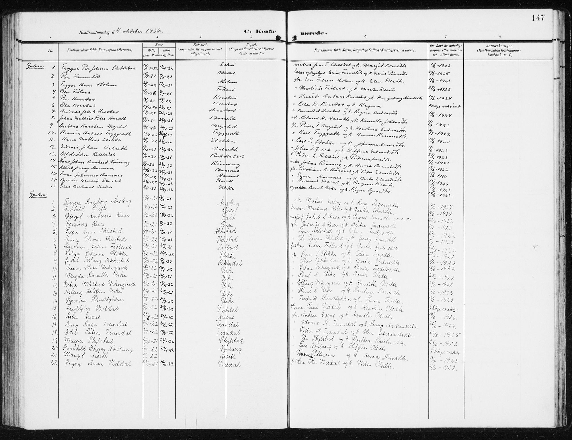 Ministerialprotokoller, klokkerbøker og fødselsregistre - Møre og Romsdal, SAT/A-1454/515/L0216: Parish register (copy) no. 515C03, 1906-1941, p. 147