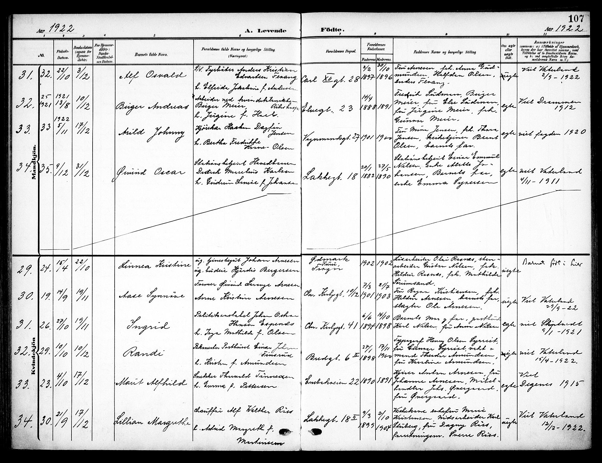 Vaterland prestekontor Kirkebøker, AV/SAO-A-10880/F/Fa/L0001: Parish register (official) no. 1, 1907-1930, p. 107