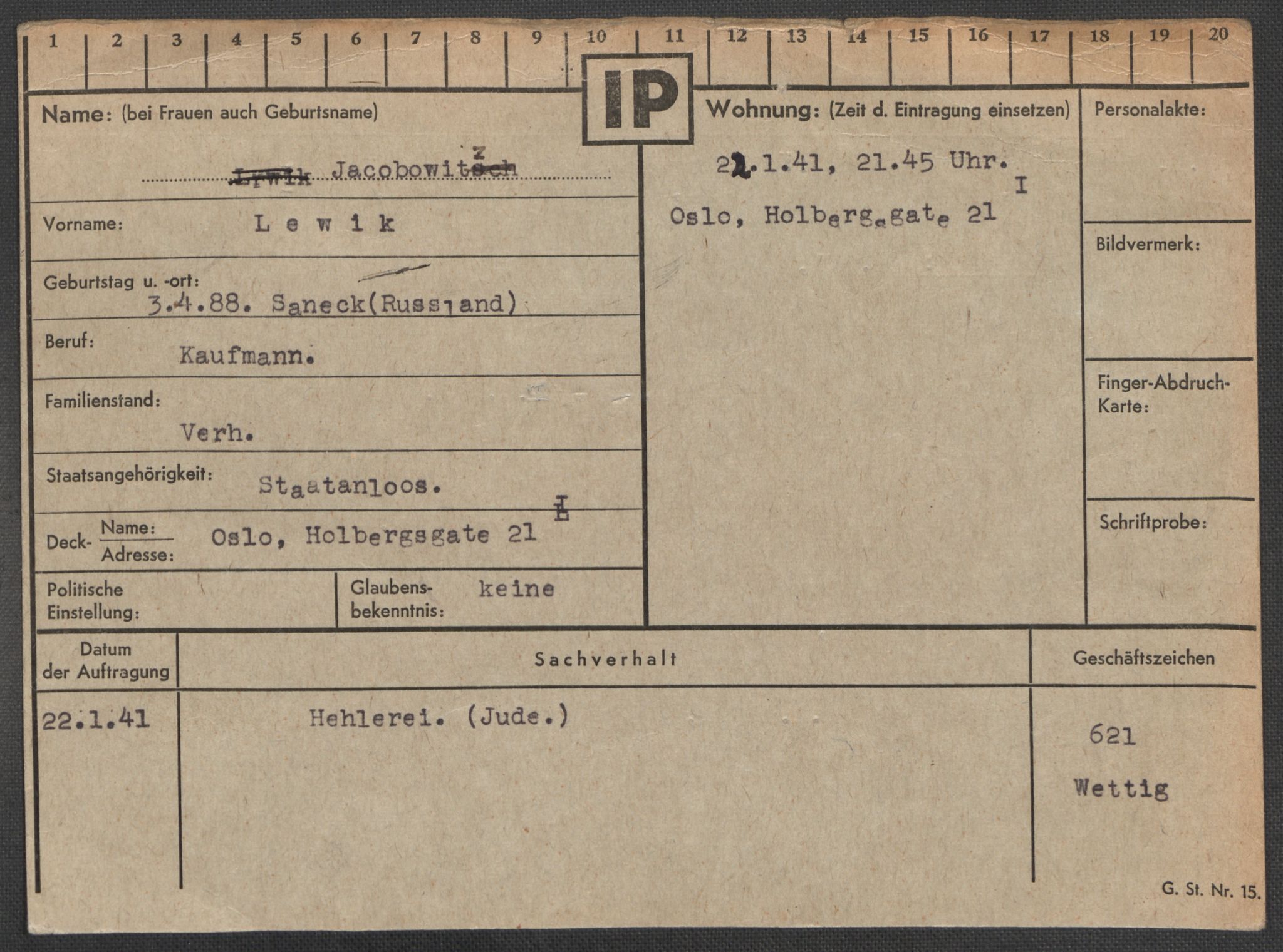 Befehlshaber der Sicherheitspolizei und des SD, AV/RA-RAFA-5969/E/Ea/Eaa/L0005: Register over norske fanger i Møllergata 19: Hø-Kj, 1940-1945, p. 237