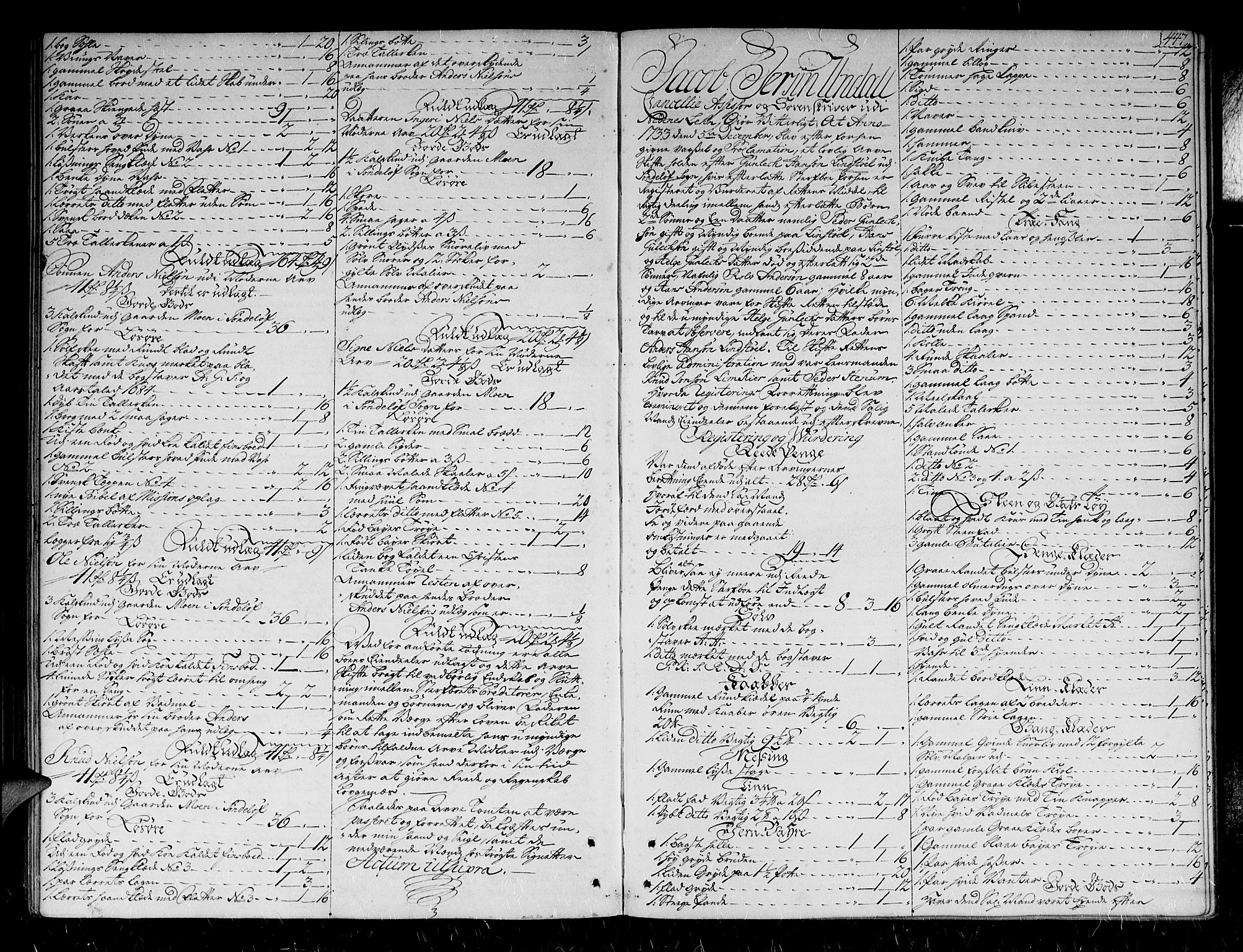 Nedenes sorenskriveri før 1824, SAK/1221-0007/H/Hc/L0015: Skifteprotokoll med register nr 12a, 1730-1734, p. 446b-447a