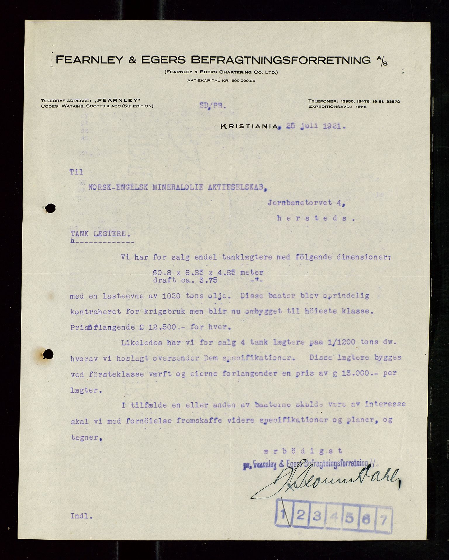 Pa 1521 - A/S Norske Shell, AV/SAST-A-101915/E/Ea/Eaa/L0011: Sjefskorrespondanse, 1921, p. 123