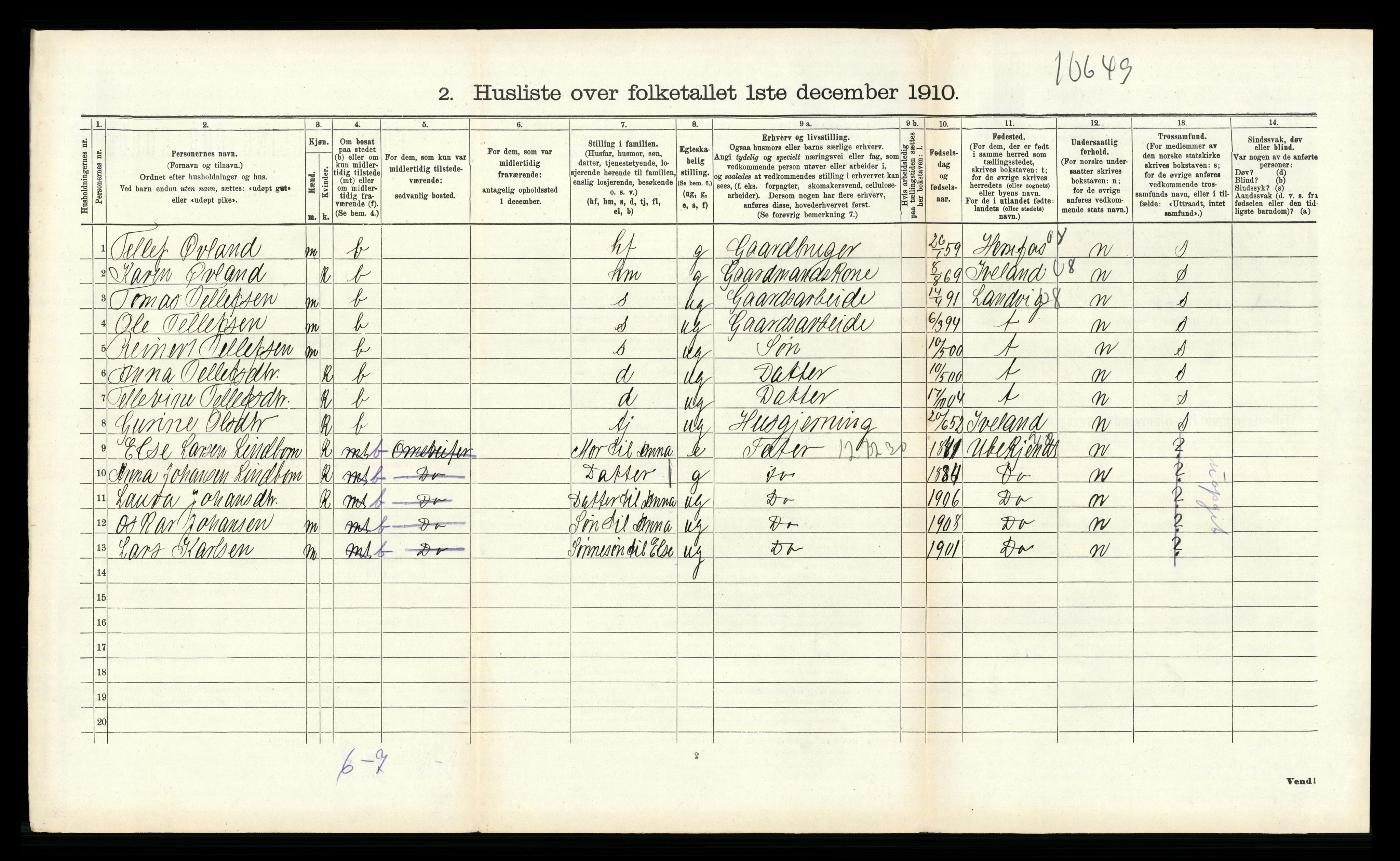 RA, 1910 census for Birkenes, 1910, p. 695