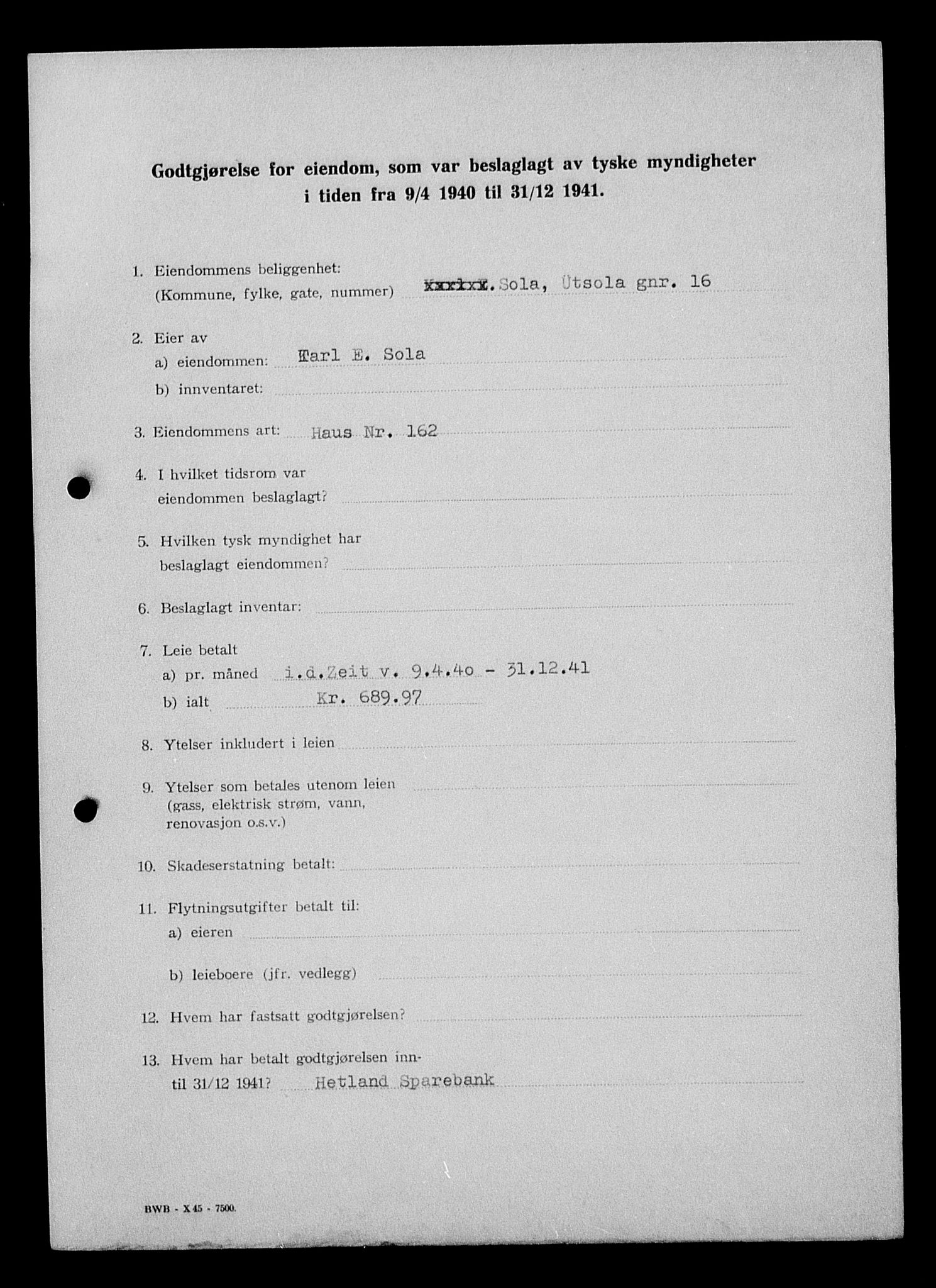 Justisdepartementet, Tilbakeføringskontoret for inndratte formuer, AV/RA-S-1564/I/L1015: Godtgjørelse for beslaglagt eiendom, 1940-1941, p. 236