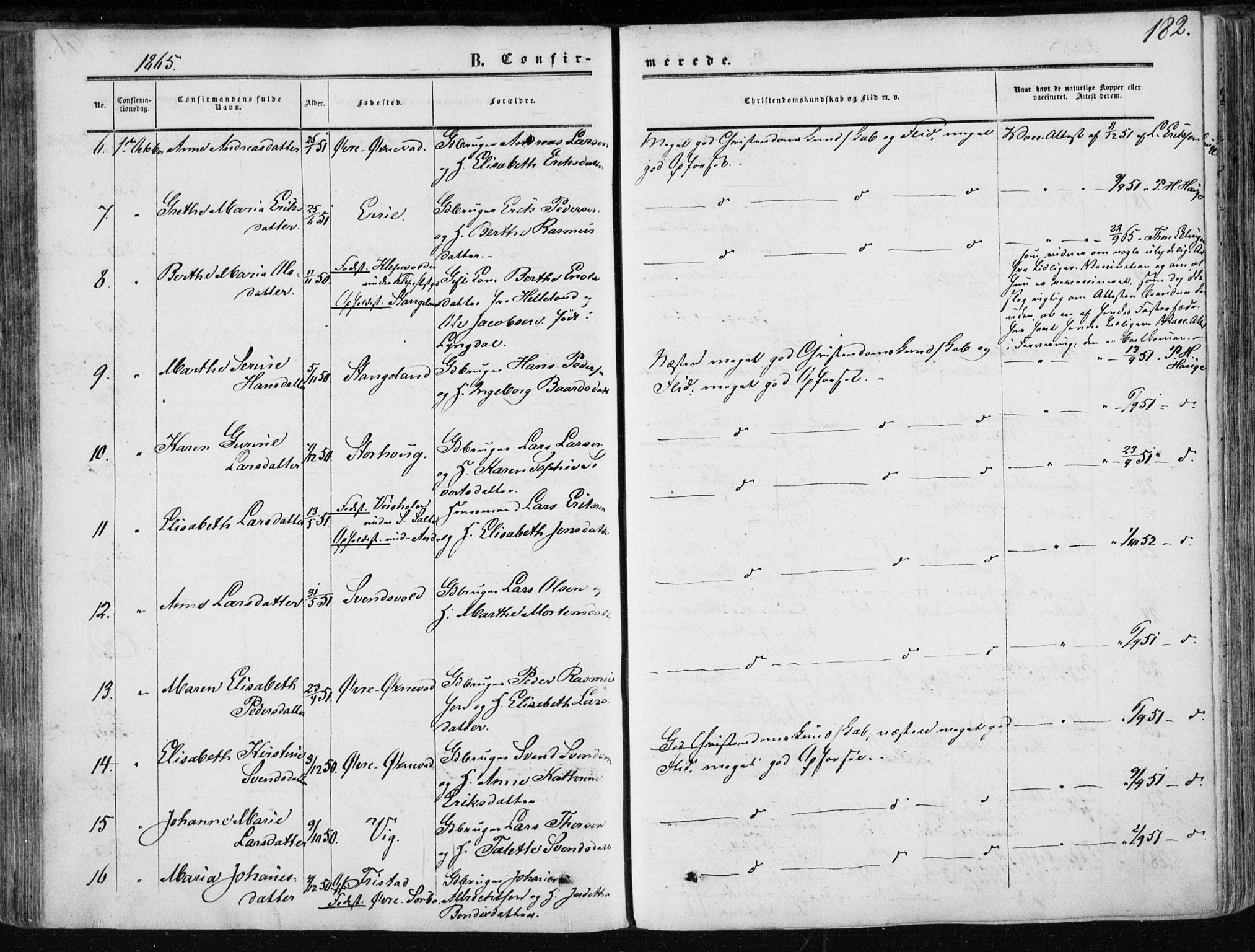 Klepp sokneprestkontor, SAST/A-101803/001/3/30BA/L0005: Parish register (official) no. A 5, 1853-1870, p. 182