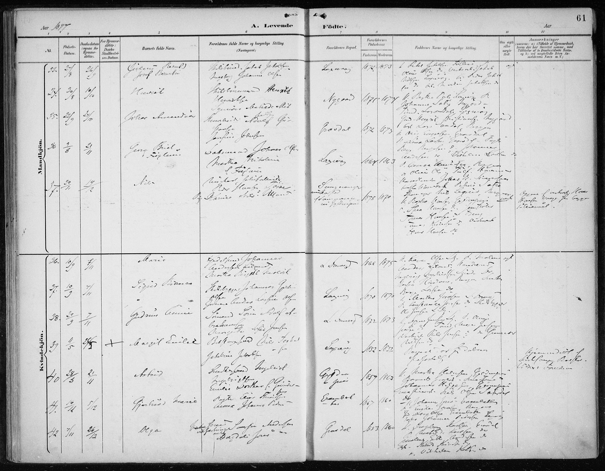 Askøy Sokneprestembete, AV/SAB-A-74101/H/Ha/Haa/Haae/L0003: Parish register (official) no. E 3, 1891-1903, p. 61