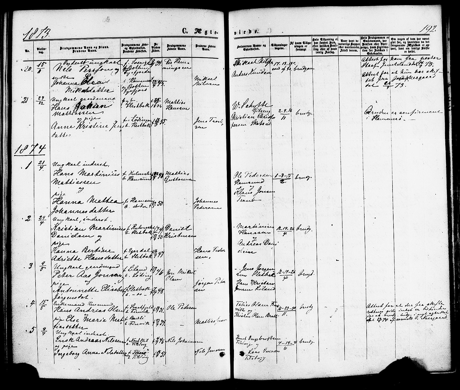 Ministerialprotokoller, klokkerbøker og fødselsregistre - Nordland, SAT/A-1459/859/L0845: Parish register (official) no. 859A05, 1863-1877, p. 192