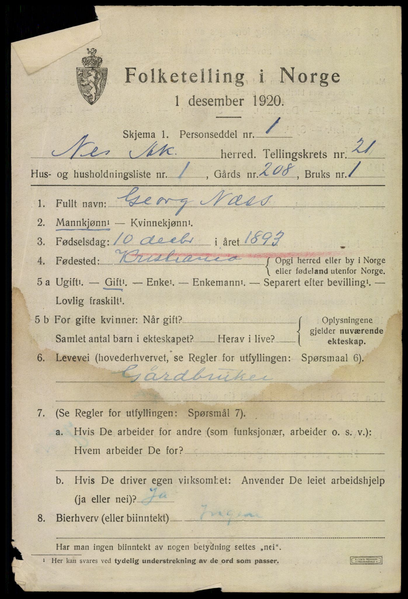 SAO, 1920 census for Nes, 1920, p. 21940