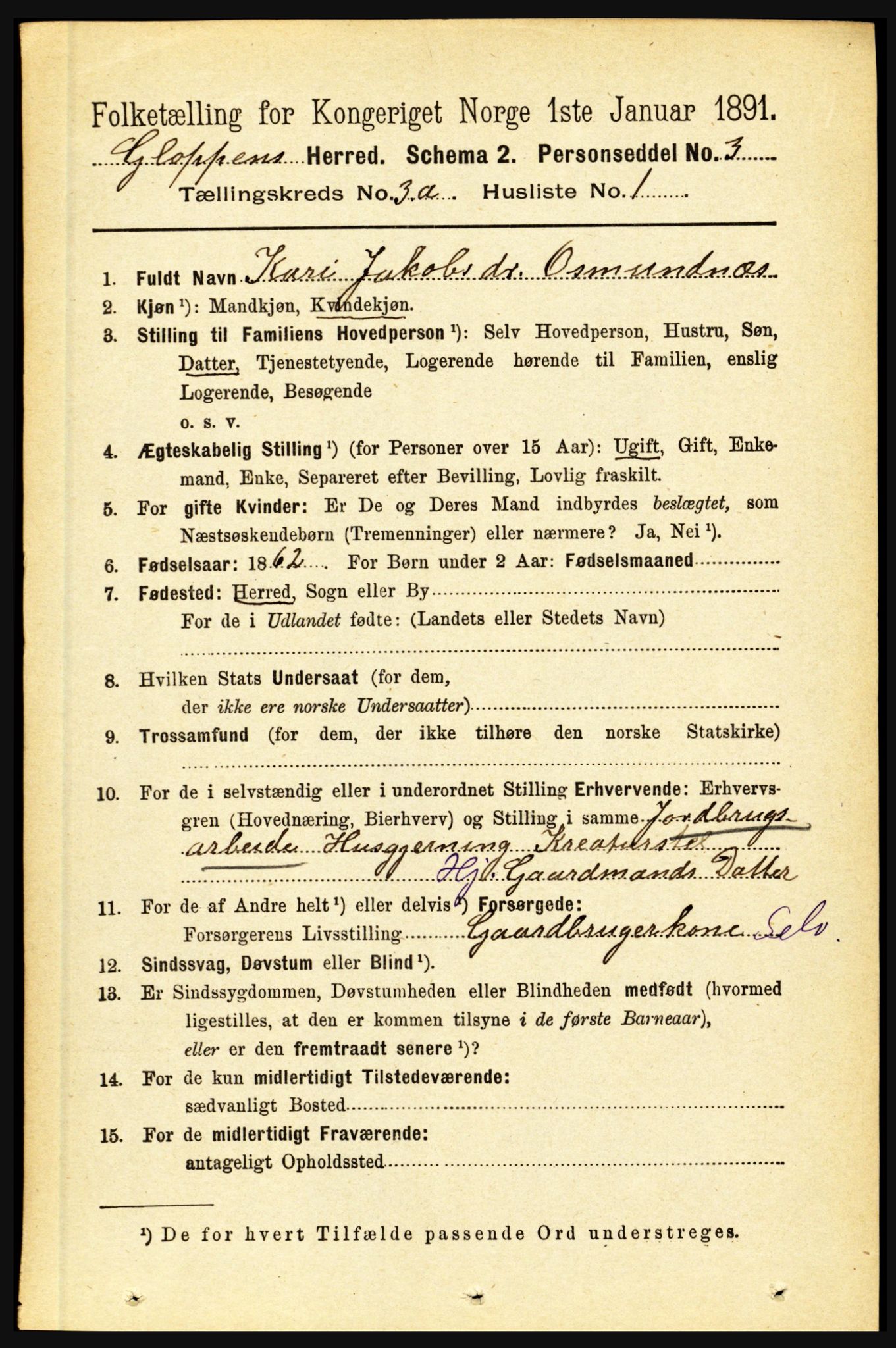 RA, 1891 census for 1445 Gloppen, 1891, p. 1181