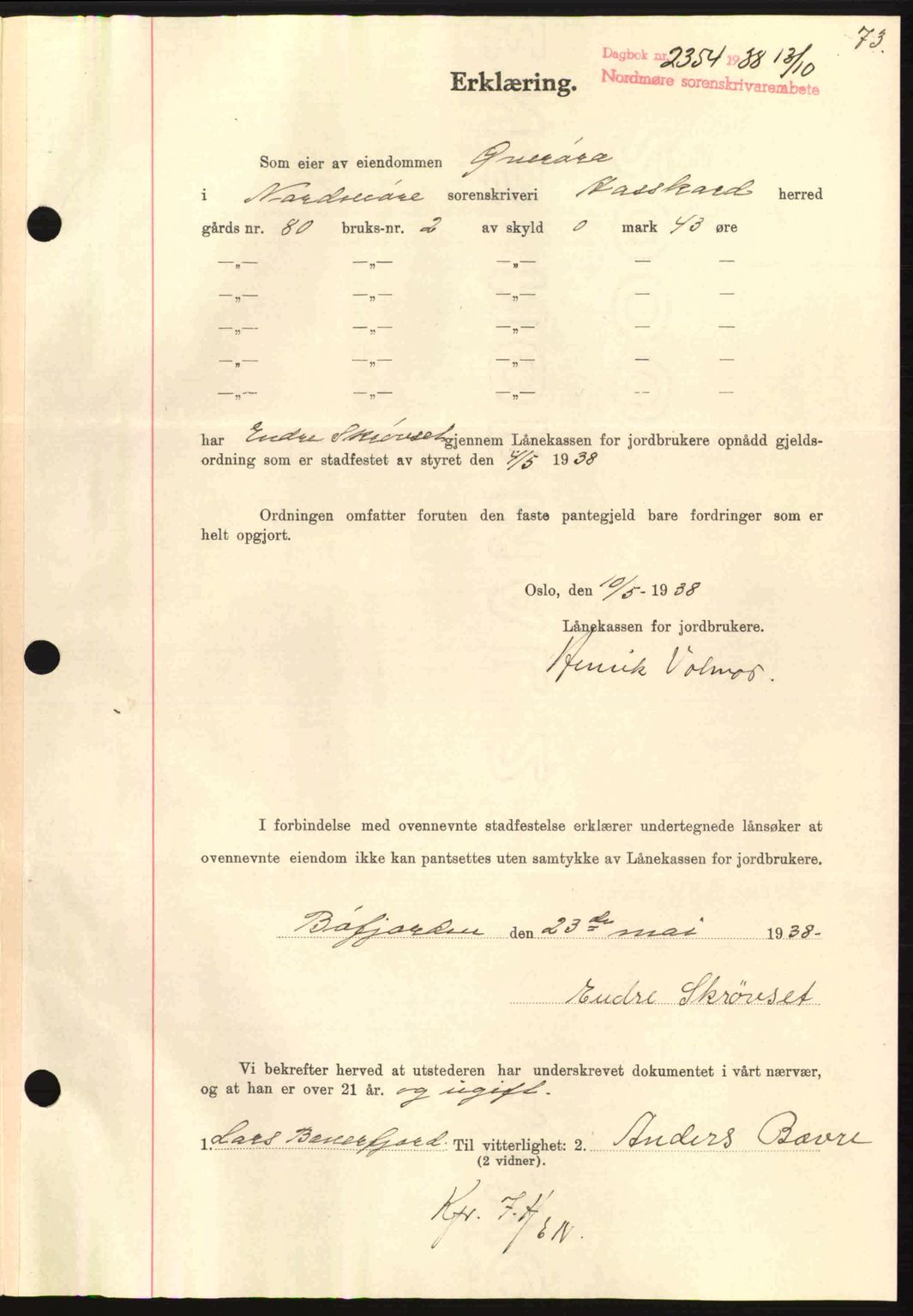 Nordmøre sorenskriveri, SAT/A-4132/1/2/2Ca: Mortgage book no. B84, 1938-1939, Diary no: : 2354/1938