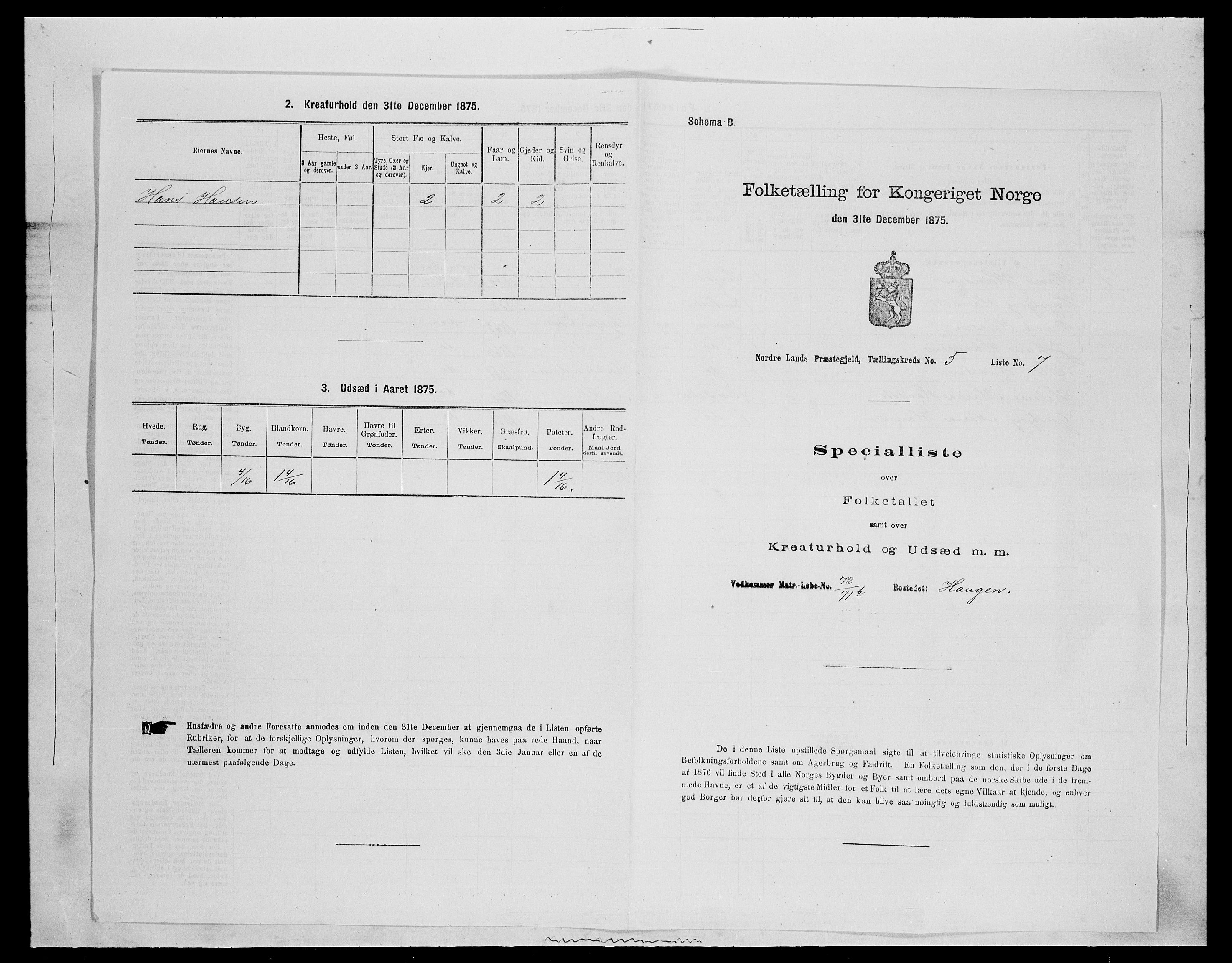 SAH, 1875 census for 0538P Nordre Land, 1875, p. 694