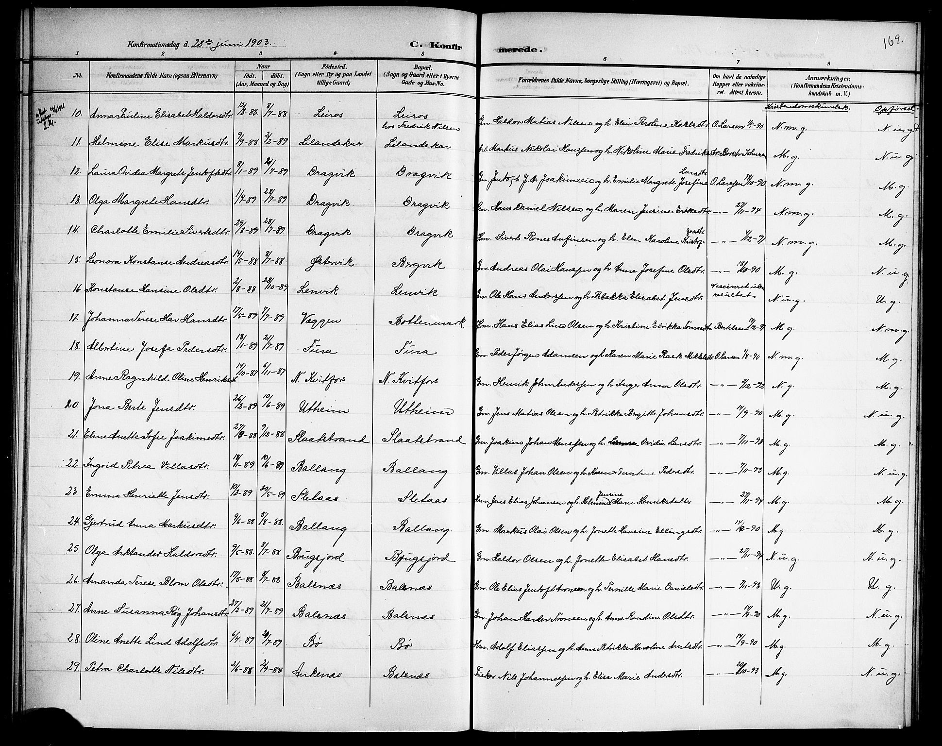 Ministerialprotokoller, klokkerbøker og fødselsregistre - Nordland, AV/SAT-A-1459/863/L0915: Parish register (copy) no. 863C05, 1898-1907, p. 169