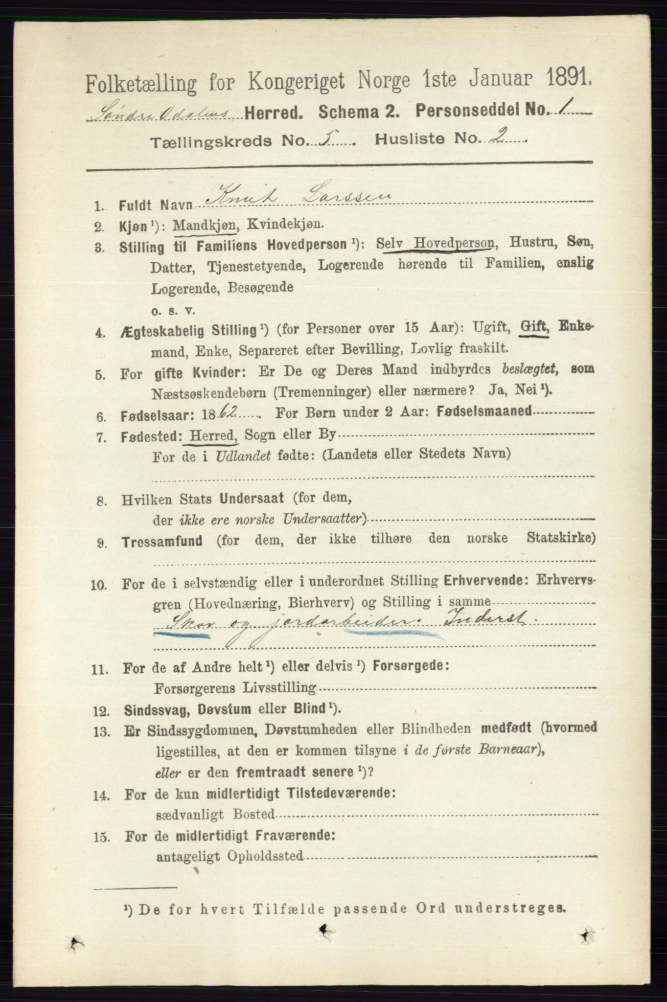 RA, 1891 census for 0419 Sør-Odal, 1891, p. 2335