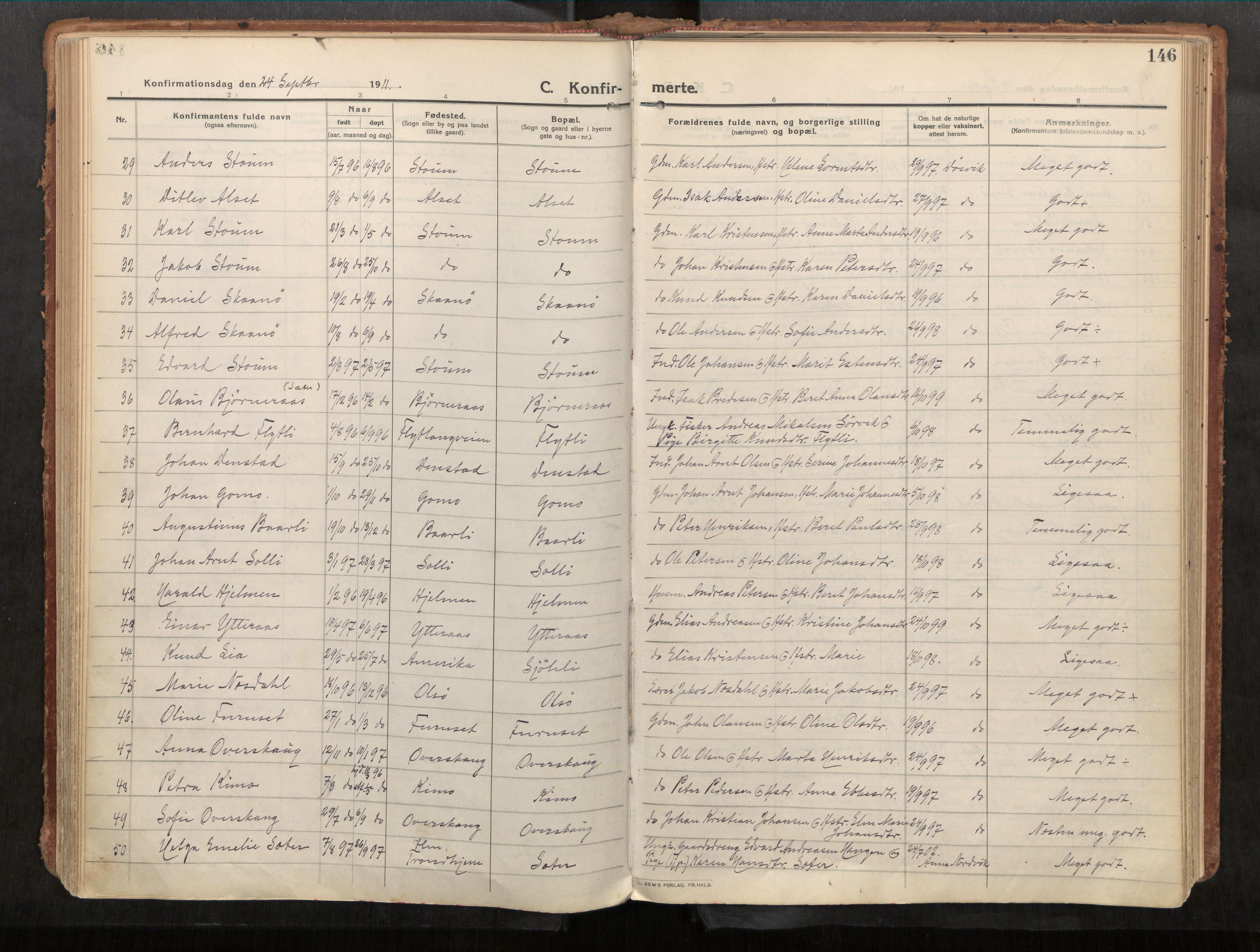 Stadsbygd sokneprestkontor, AV/SAT-A-1117/1/I/I1/I1a/L0001: Parish register (official) no. 1, 1911-1929, p. 146