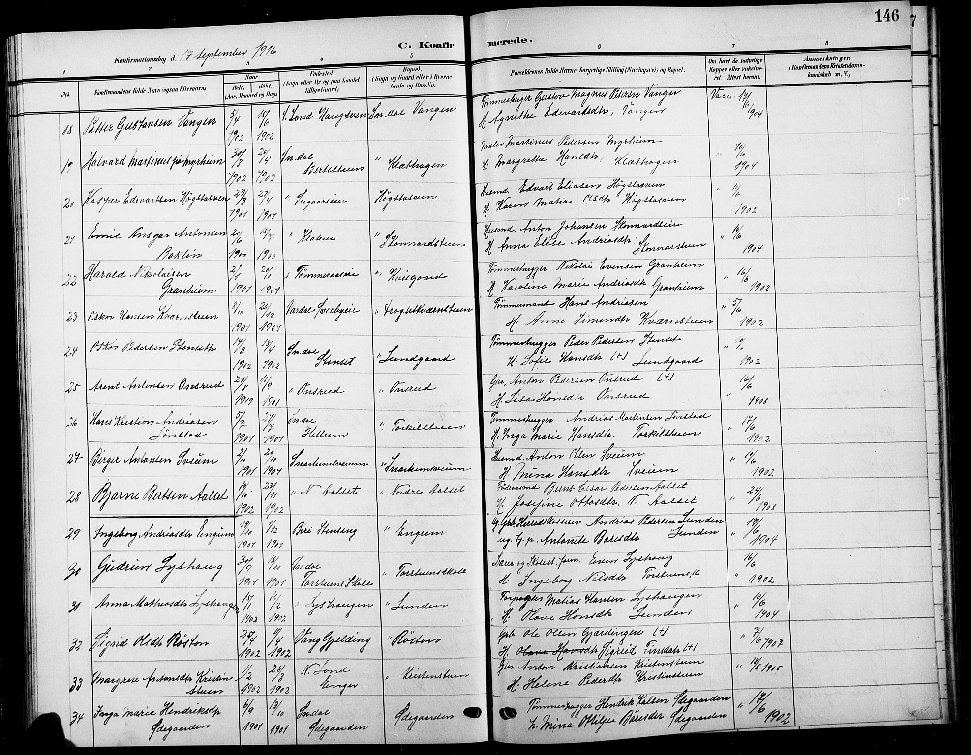 Biri prestekontor, SAH/PREST-096/H/Ha/Hab/L0005: Parish register (copy) no. 5, 1906-1919, p. 146