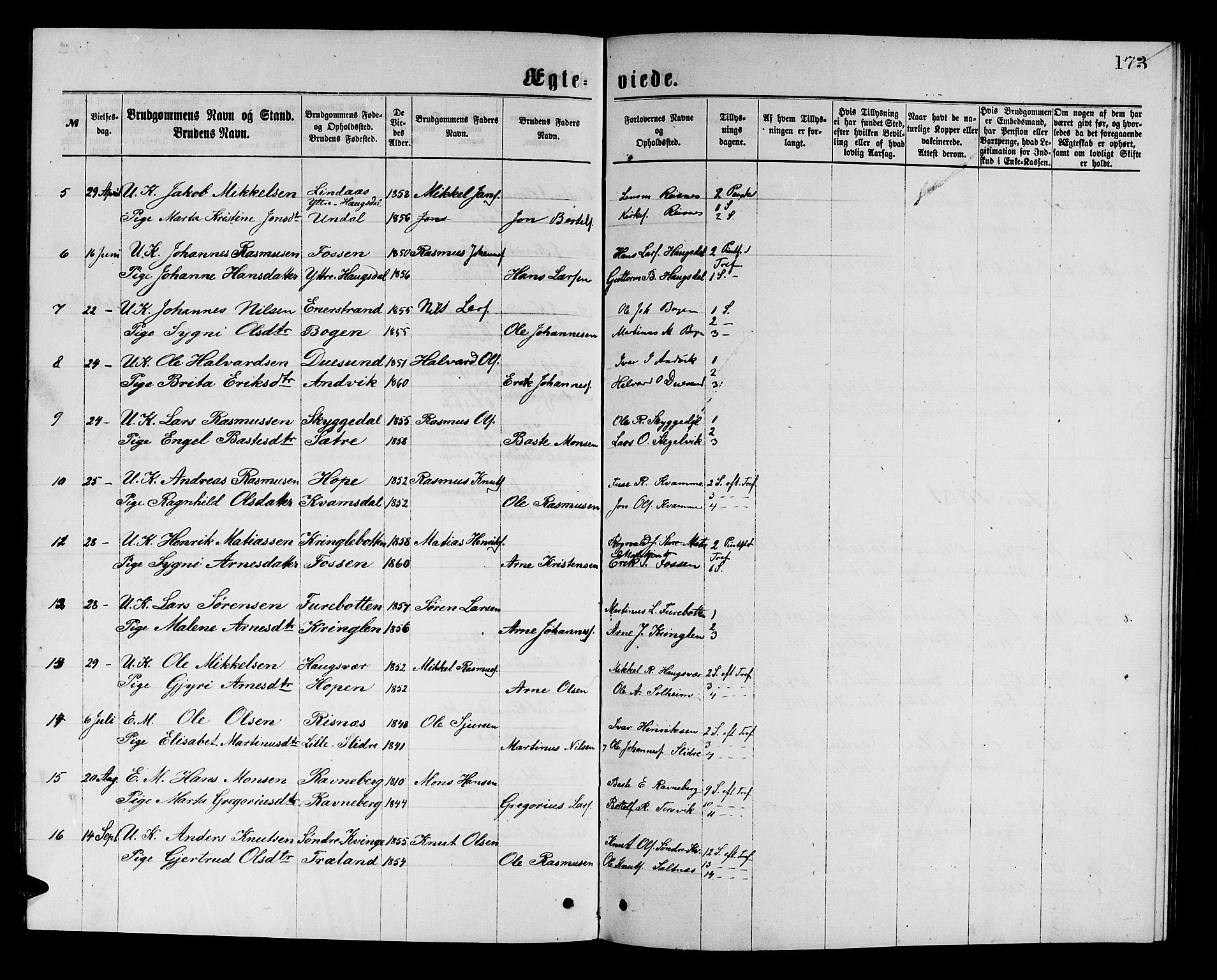 Masfjorden Sokneprestembete, AV/SAB-A-77001: Parish register (copy) no. A 2, 1876-1891, p. 173