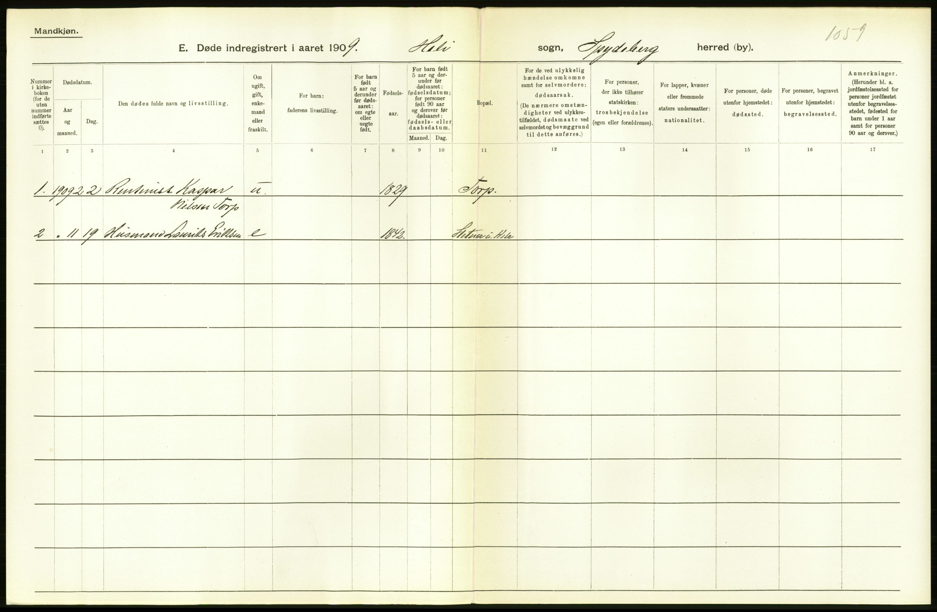 Statistisk sentralbyrå, Sosiodemografiske emner, Befolkning, AV/RA-S-2228/D/Df/Dfa/Dfag/L0003: Smålenenes amt: Døde, dødfødte. Bygder og byer., 1909, p. 14