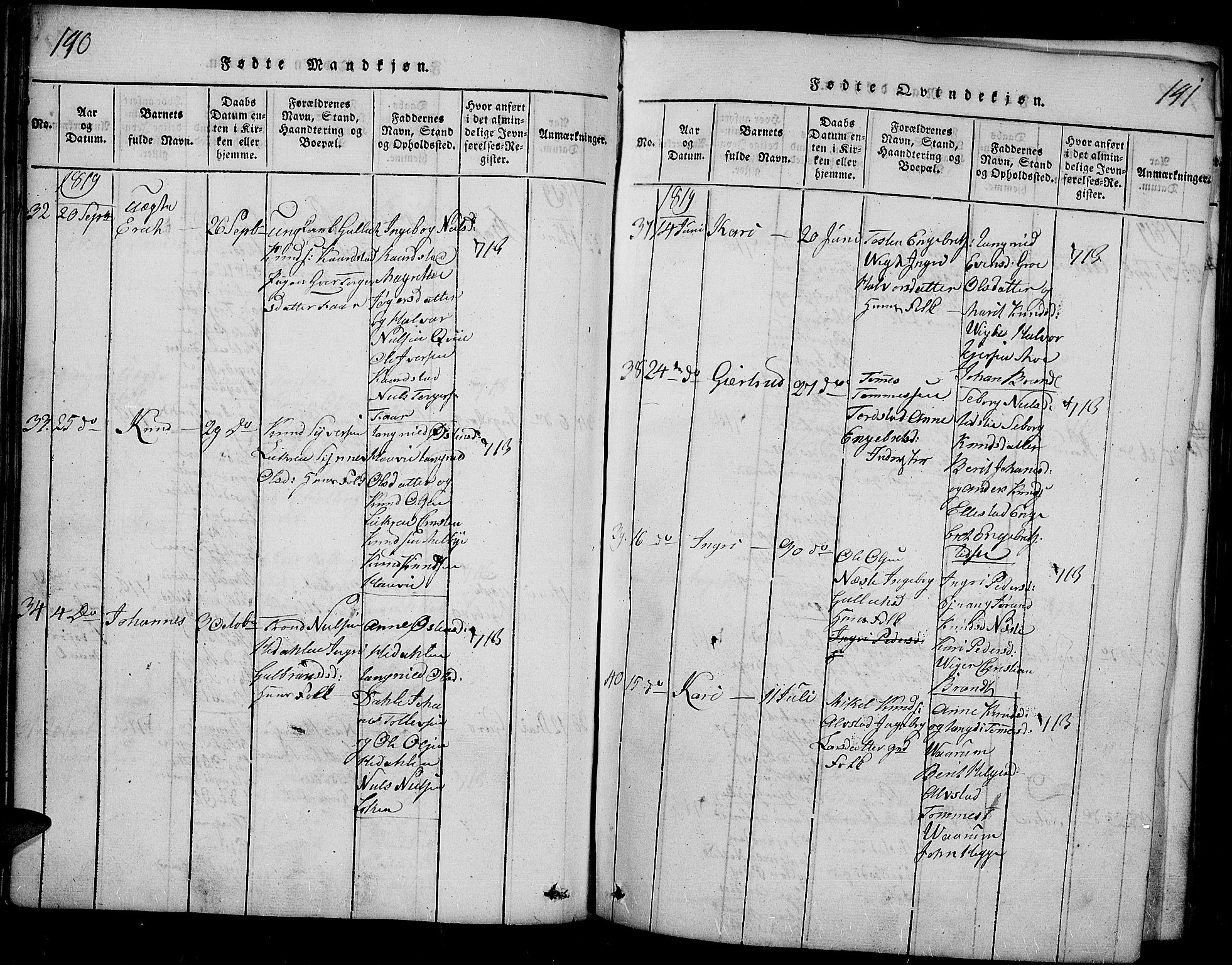 Slidre prestekontor, SAH/PREST-134/H/Ha/Haa/L0002: Parish register (official) no. 2, 1814-1830, p. 140-141