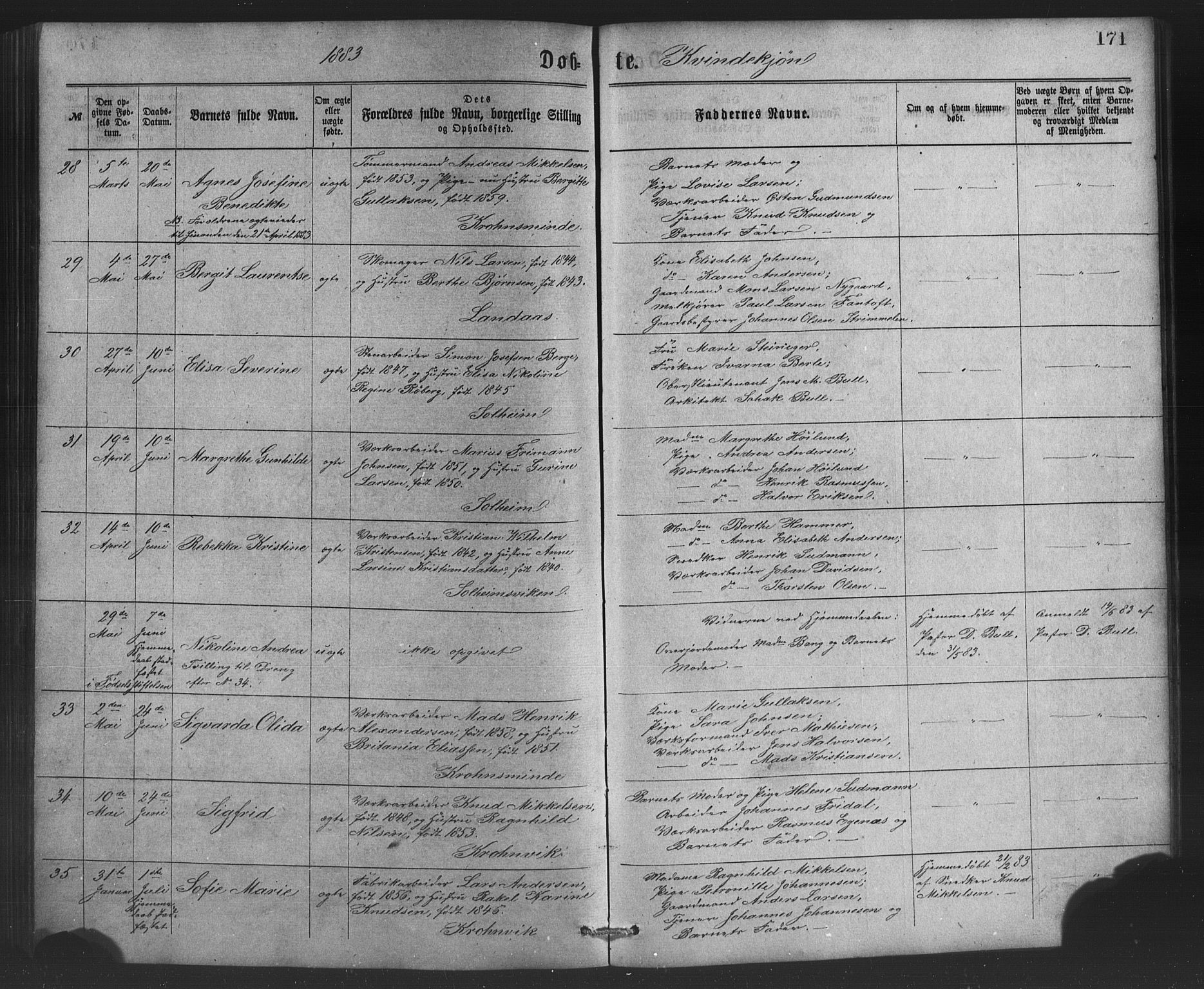 St. Jørgens hospital og Årstad sokneprestembete, AV/SAB-A-99934: Parish register (copy) no. A 4, 1873-1885, p. 171