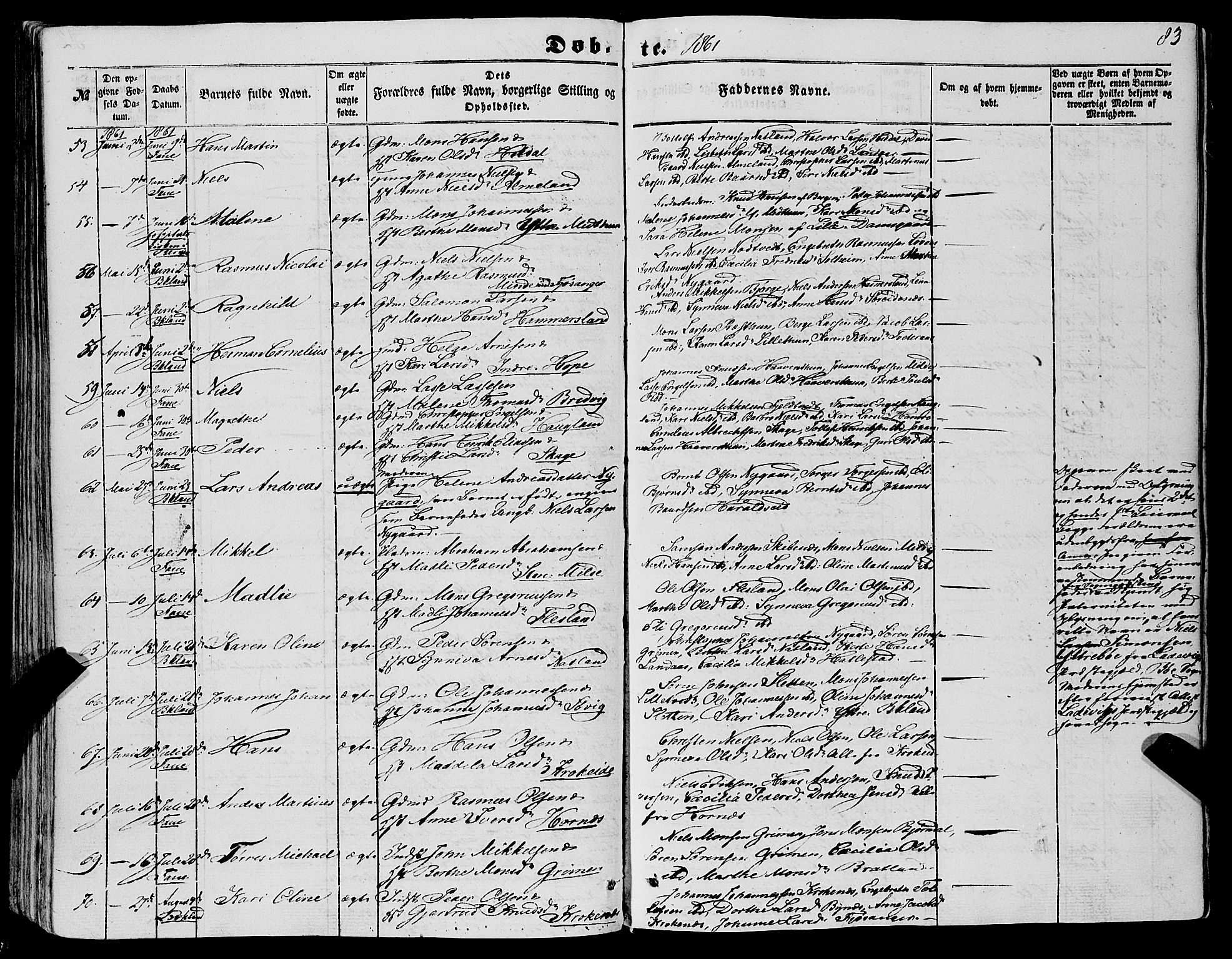 Fana Sokneprestembete, AV/SAB-A-75101/H/Haa/Haaa/L0011: Parish register (official) no. A 11, 1851-1862, p. 83